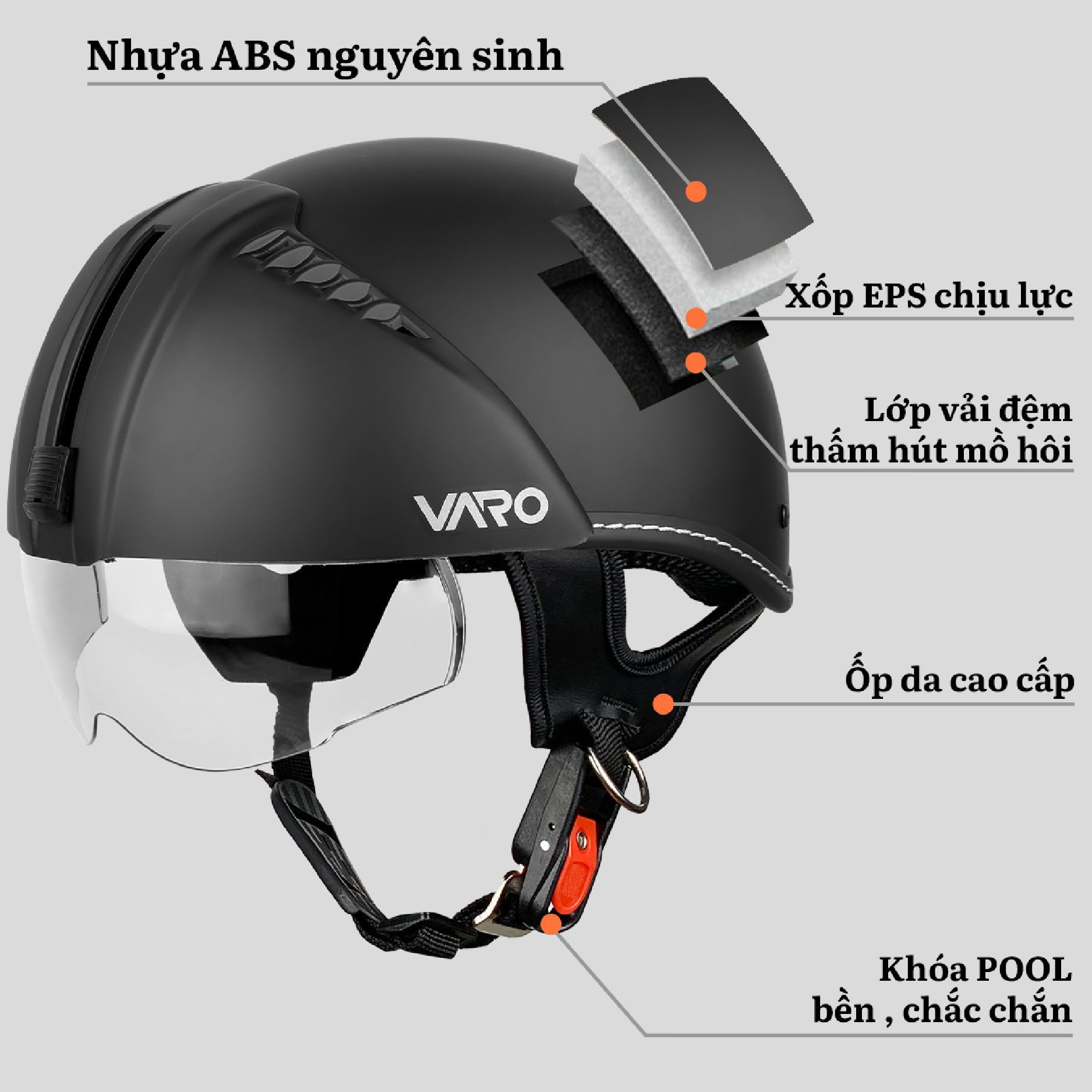 Mô tả Mũ Bảo Hiểm Nửa Đầu Varo Kính Âm An Toàn Gọn Nhẹ - Nón Bảo Hiểm Có Kính Đi Mưa - Bảo Hành 12 Tháng - 4