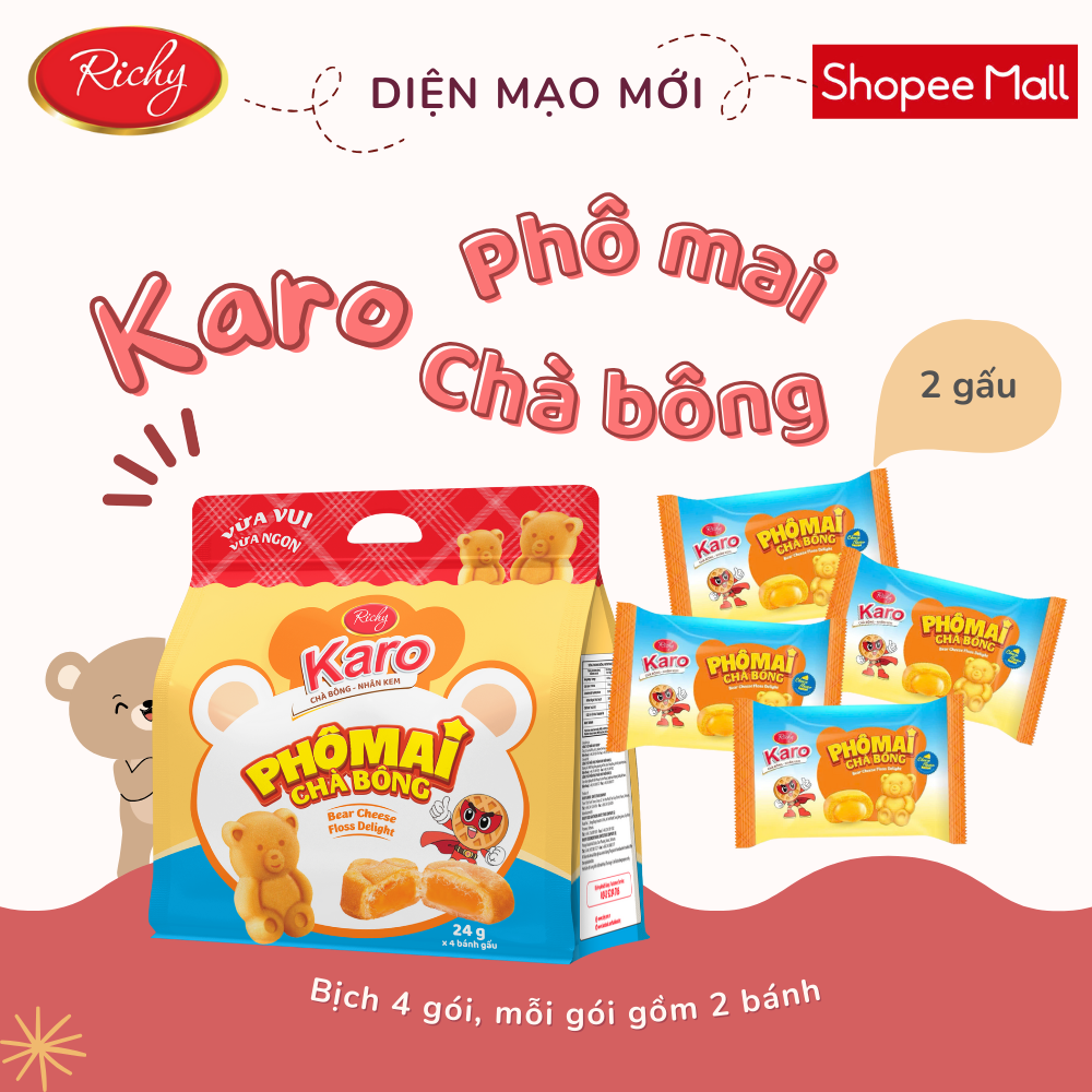 Mô tả Bánh Karo Chà Bông Hình Gấu Richy - Bánh Trứng Tươi Chà Bông Nhân Phô Mai Date 45 Ngày - 1