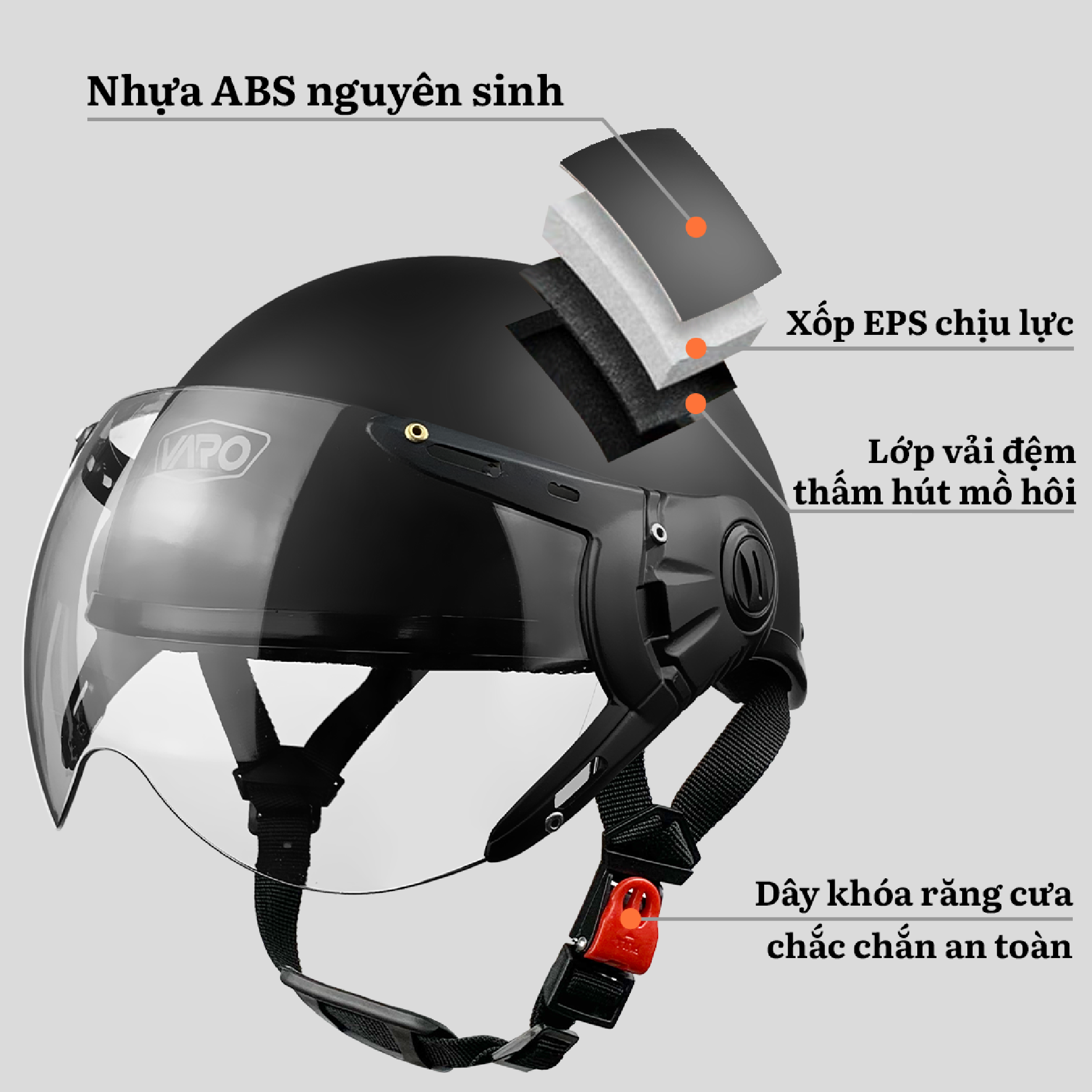 Mô tả Mũ Bảo Hiểm 1/2 Đầu Kính Càng VARO A33K - Mũ Bảo Hiểm Nửa Đầu Có Kính Cao Cấp Đã Xử Lý - 4