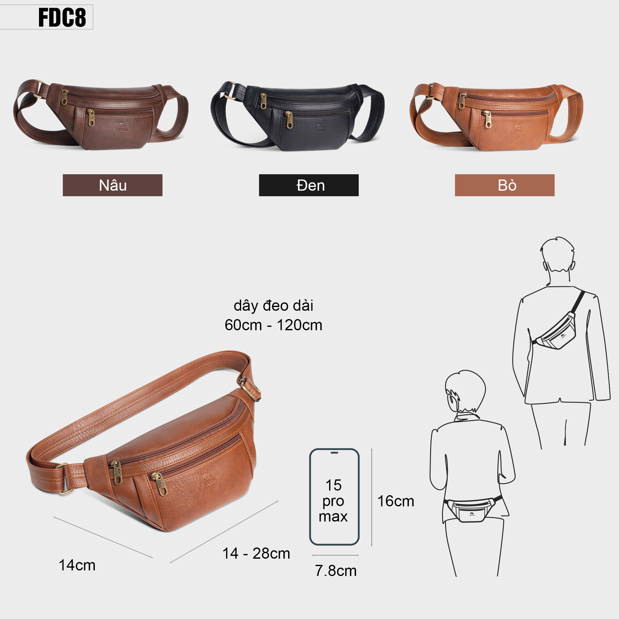 Mô tả Túi đeo chéo bao tử unisex thời trang trẻ FADODA FDC8 - 2