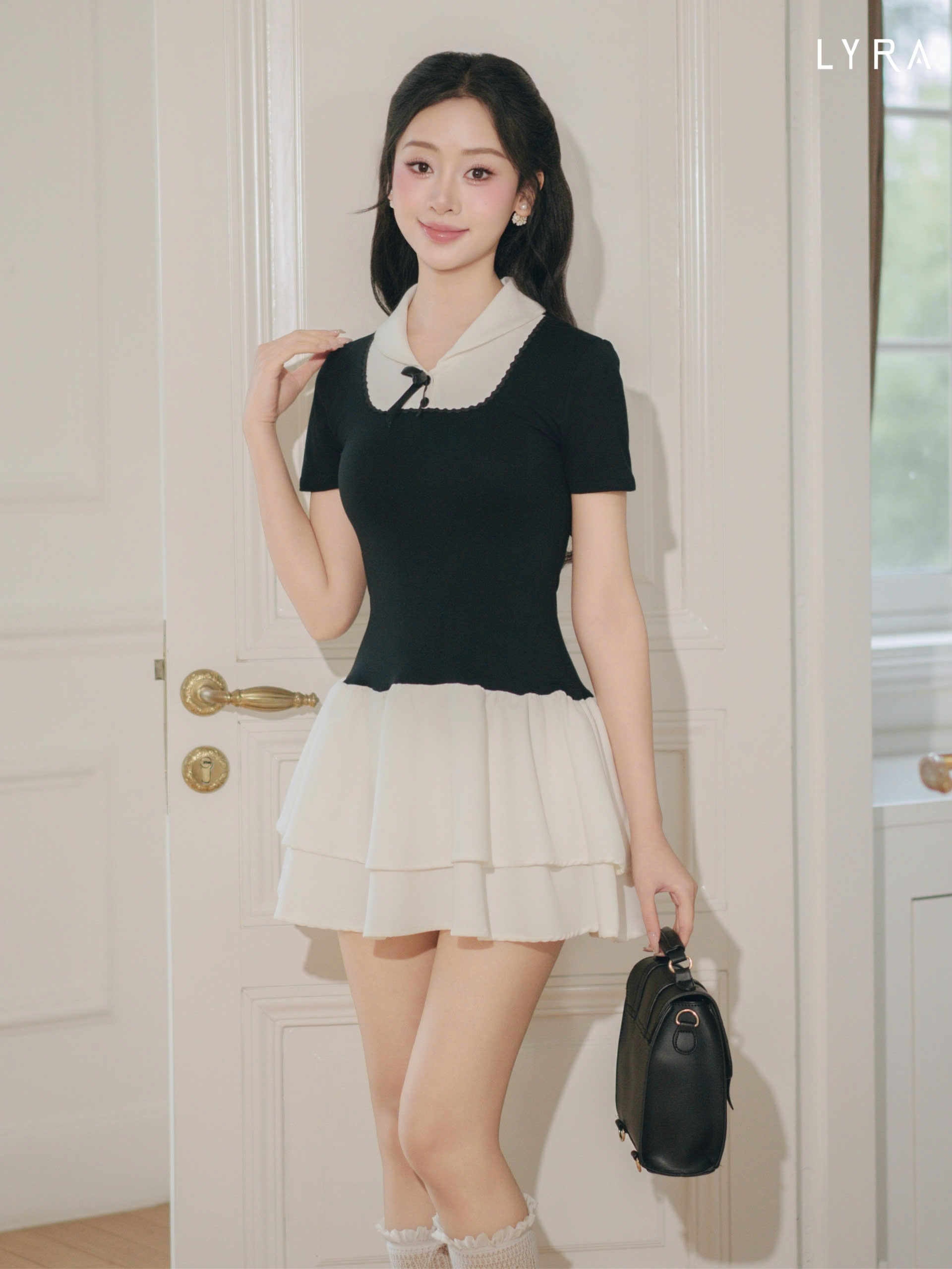 Mô tả LYRA DESIGN - Váy đầm nữ ngắn tay thiết kế Meli Dress cổ yếm cách điệu phối nơ chân váy xòe style tiểu thư - LWNVD030 - 1