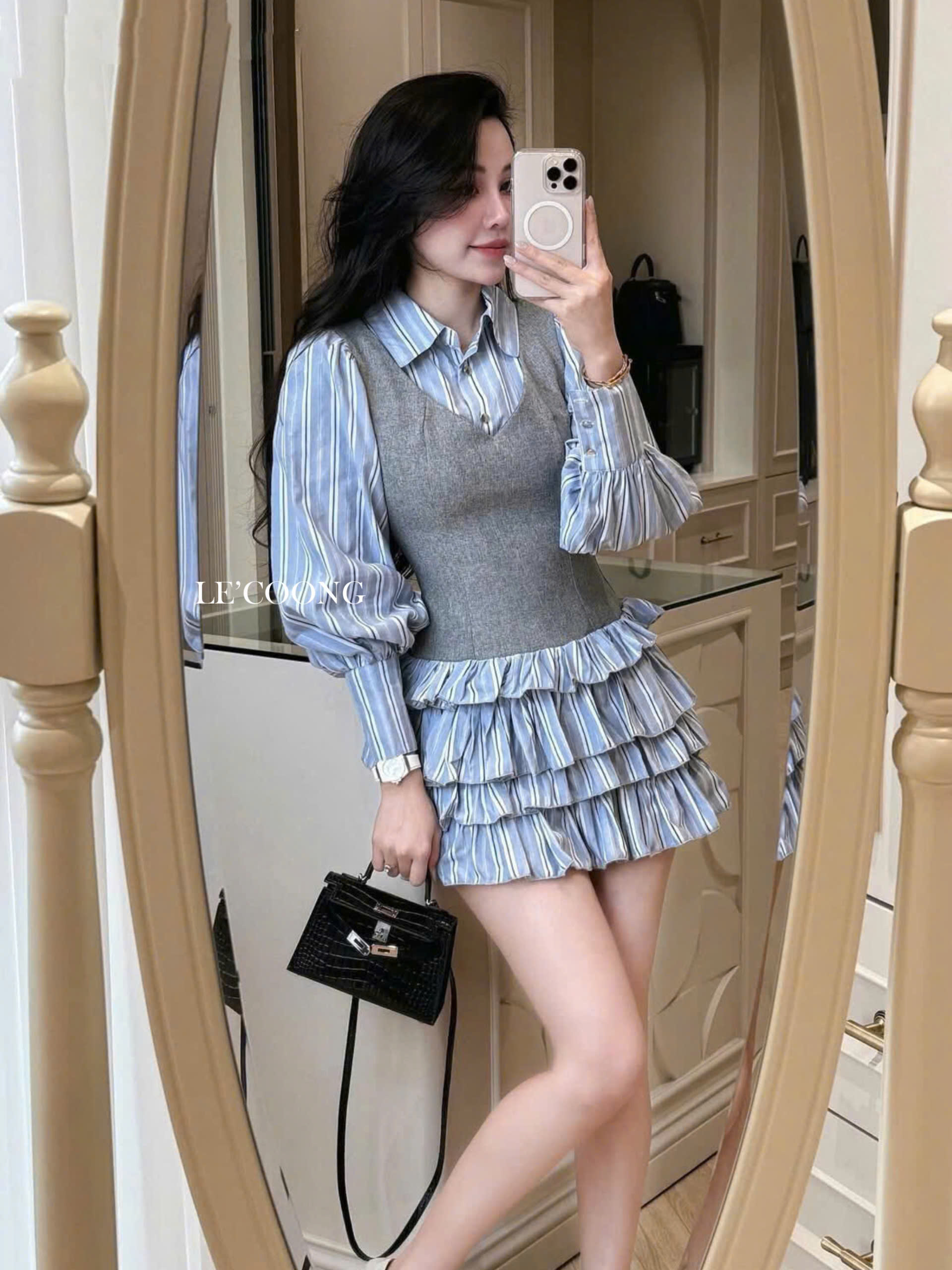 Mô tả Váy Đẹp Dáng Ngắn Xếp Tầng LECOONG V745 Đầm Tiểu Thư Màu Xanh Phối Gile Sang Chảnh - 1