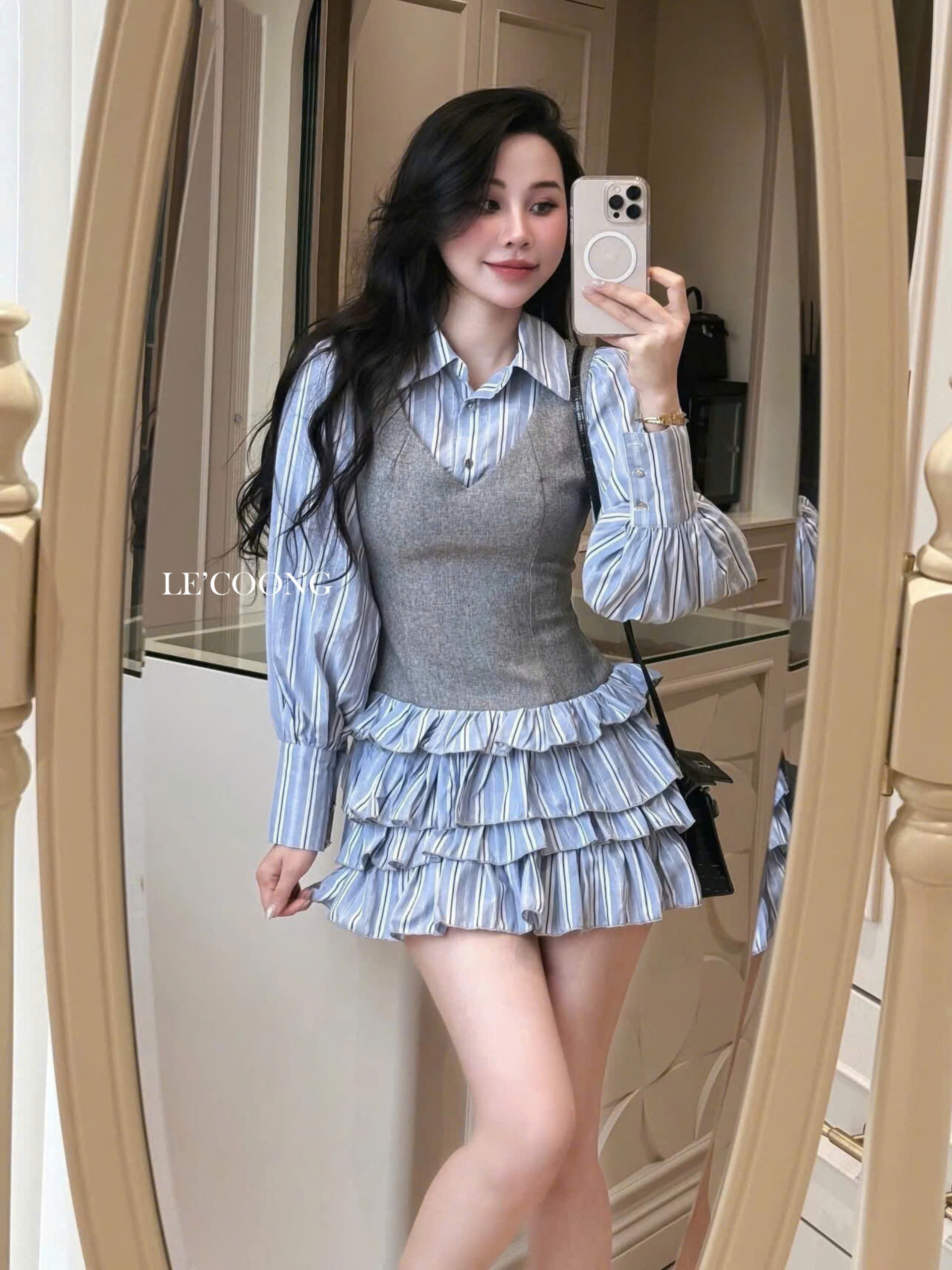 Mô tả Váy Đẹp Dáng Ngắn Xếp Tầng LECOONG V745 Đầm Tiểu Thư Màu Xanh Phối Gile Sang Chảnh - 4