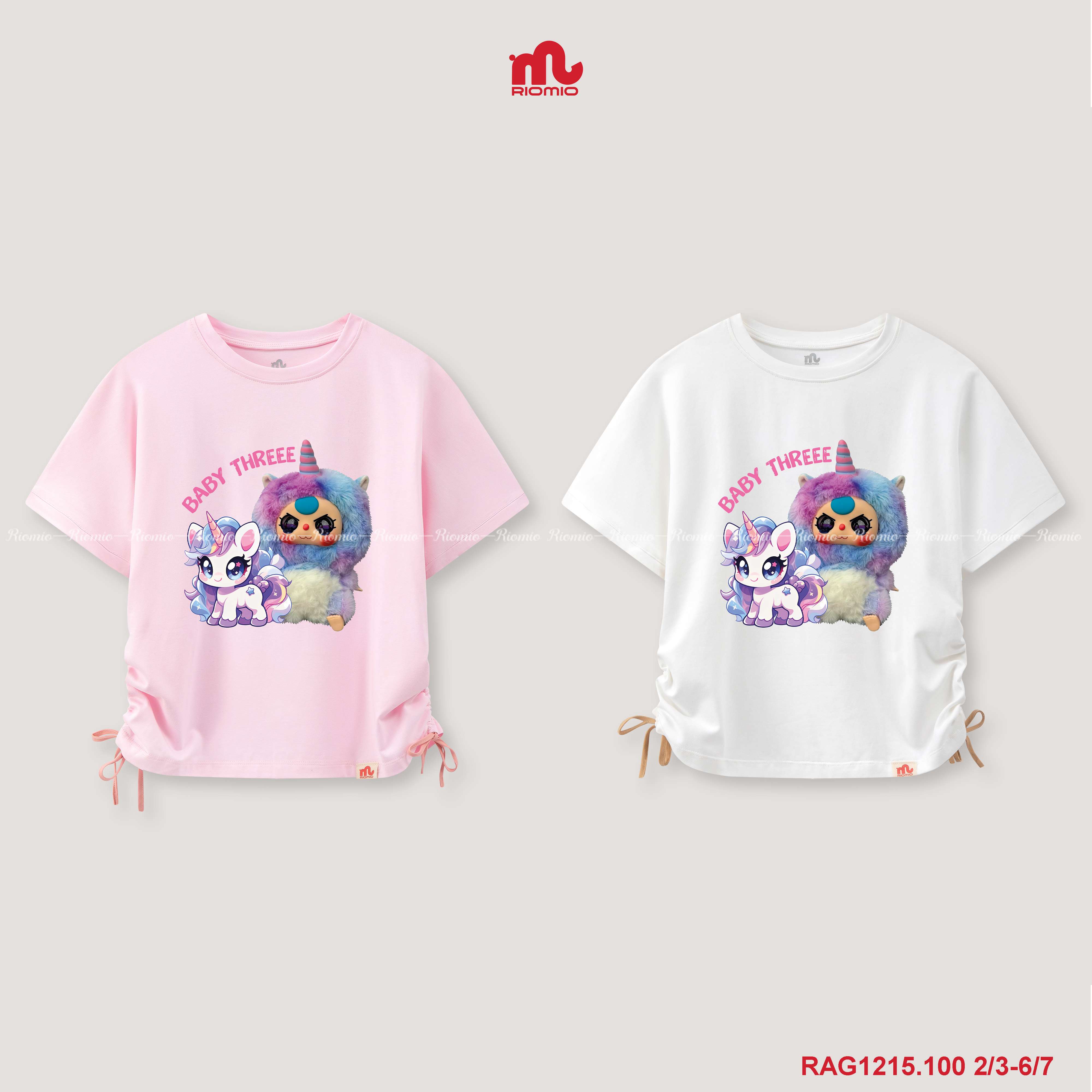 Mô tả Áo phông bé gái RIOMIO áo cộc mùa hè in hình trendy, điểm nhấn dây rút cá tính RAG1215 - 1