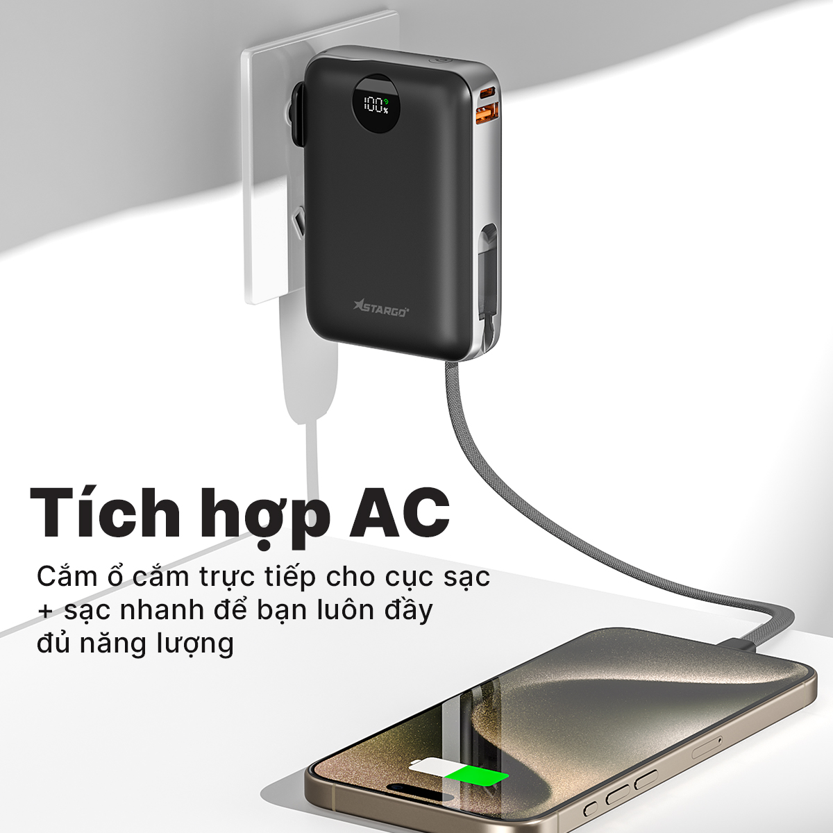 Mô tả Pin dự phòng StarGO Star X1 dung lượng 10000mAh công suất 22.5W tích hợp 2 cáp lighting và type-c - 5