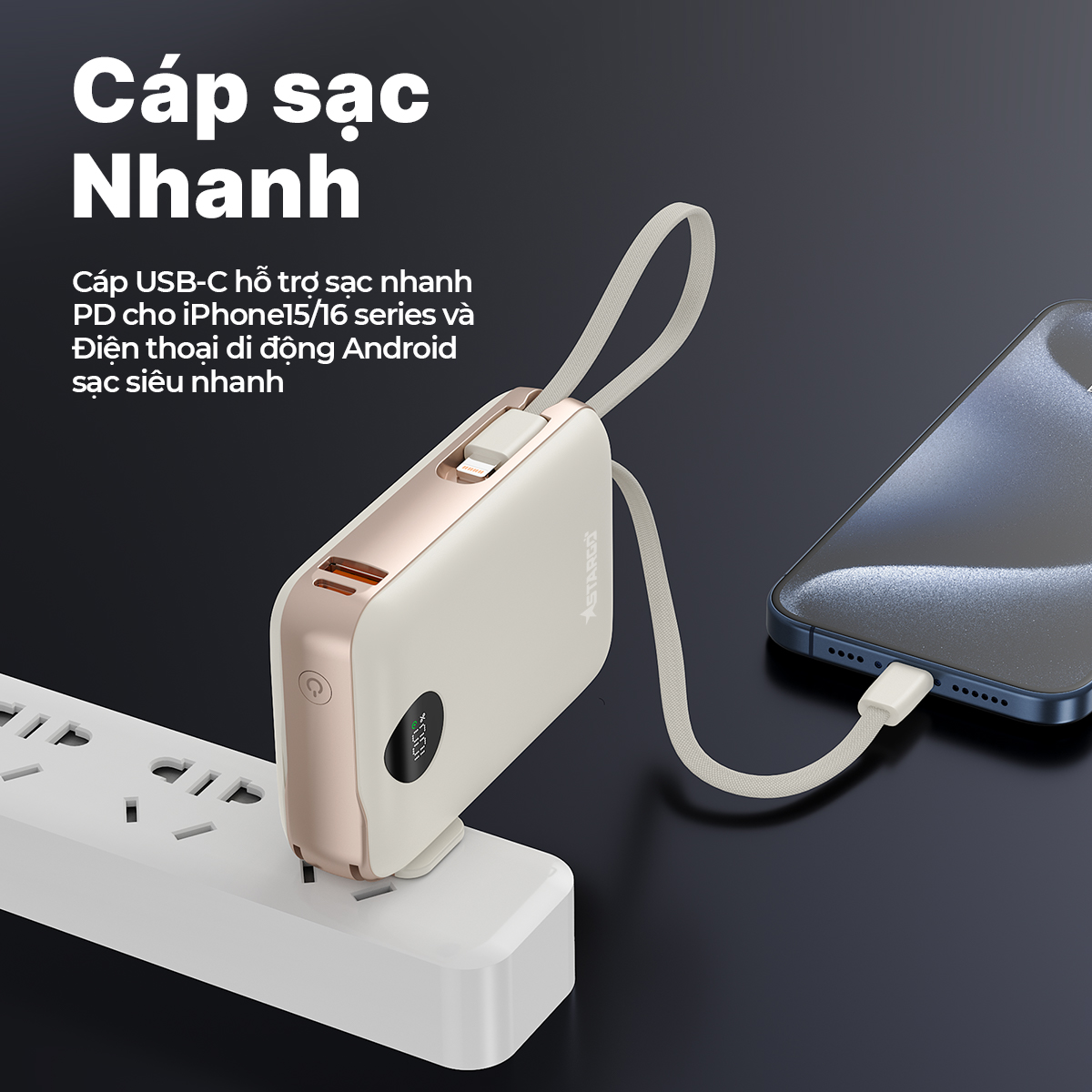 Mô tả Pin dự phòng StarGO Star X1 dung lượng 10000mAh công suất 22.5W tích hợp 2 cáp lighting và type-c - 6