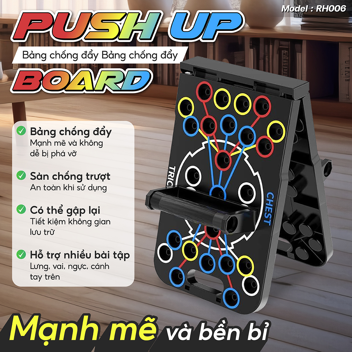 Mô tả BG- RH006 Dụng Cụ Tập Hít Đất Chống Đẩy Có Vạch Kẻ Màu Theo Nhóm Cơ 50 lỗ gắn hỗ trợ 25 kiểu tập - 4