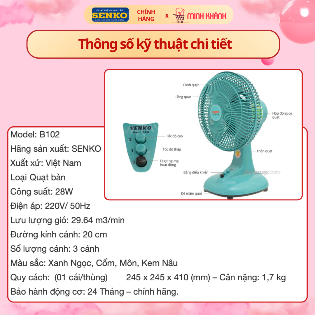 Quạt bàn Senko B102 - Mini, Nhỏ gọn, êm ái, gió mạnh, màu sắc xinh xắn ...