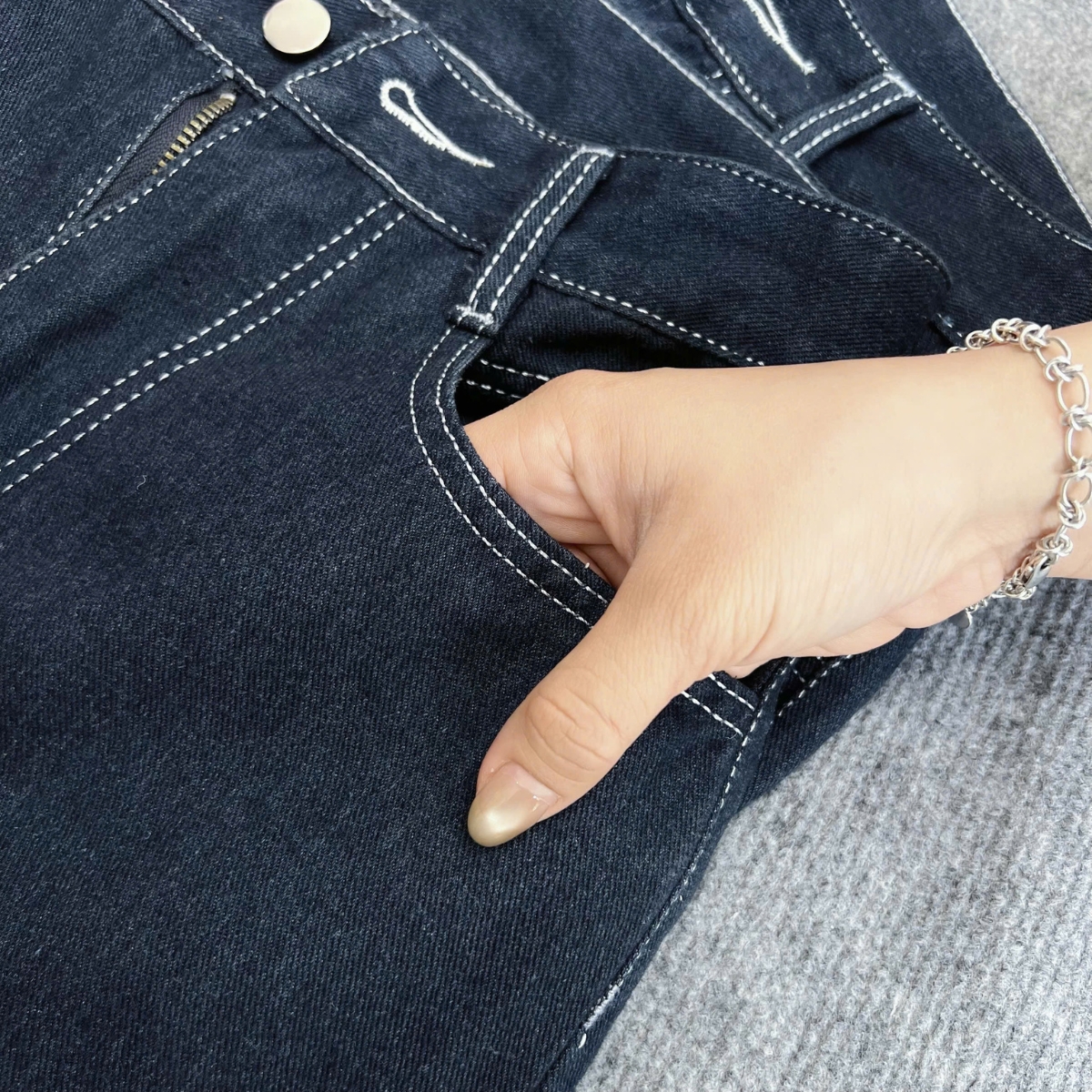 Mô tả Quần Jean Bigsize Nữ Ống Suông Rộng Cạp Cao Chất Jean Viền Chỉ Trắng Không Co Giãn 50-95kg Q533 - 3