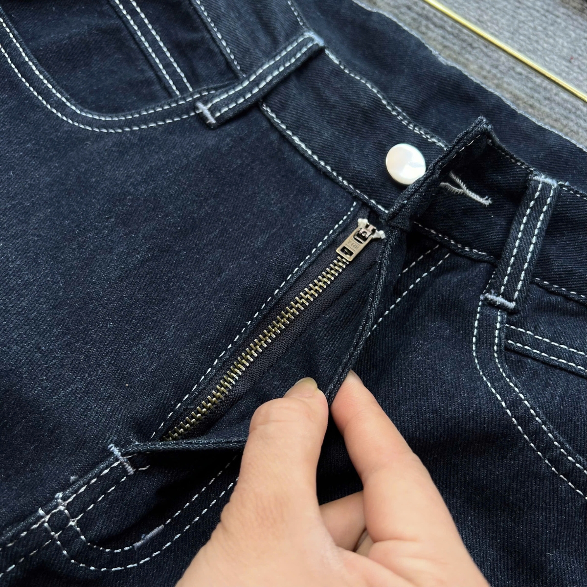 Mô tả Quần Jean Bigsize Nữ Ống Suông Rộng Cạp Cao Chất Jean Viền Chỉ Trắng Không Co Giãn 50-95kg Q533 - 4