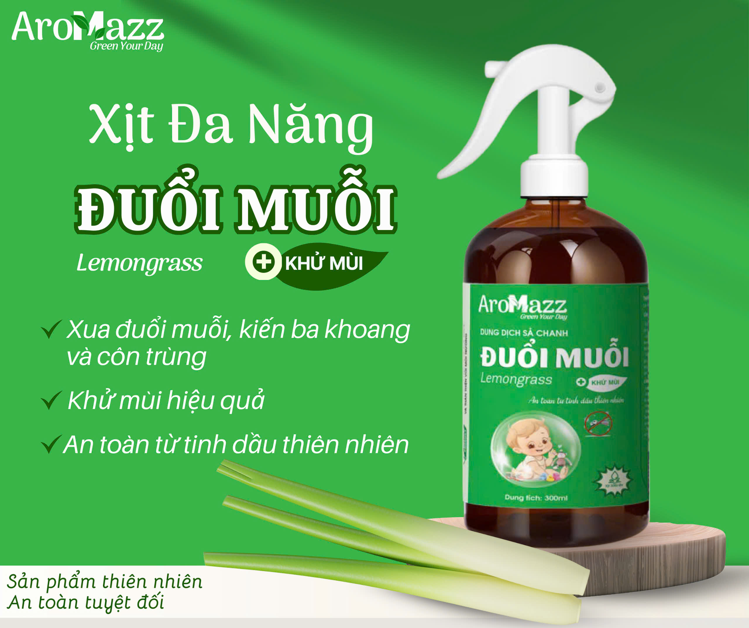 Mô tả Đuổi Muỗi Từ Tinh Dầu Sả Chanh AroMazz Xua Đuổi Côn Trùng-Kiến Ba Khoang-Khử Mùi Chai Lớn 300ml - 4