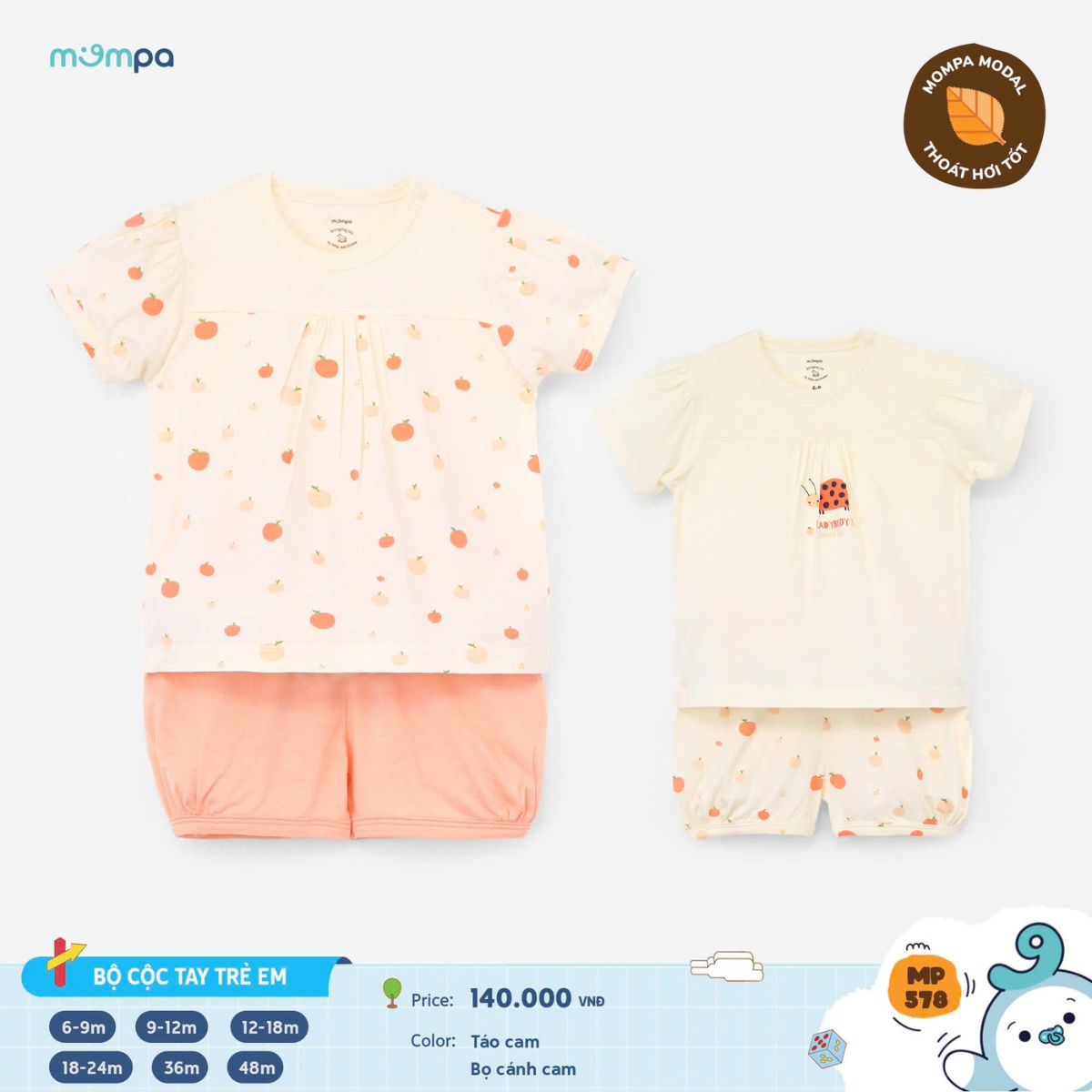 Mô tả Bộ cộc tay bé trai bé gái Mompa 6 tháng-3 tuổi vải Modal mát mềm mại thông tháng 175 - 9