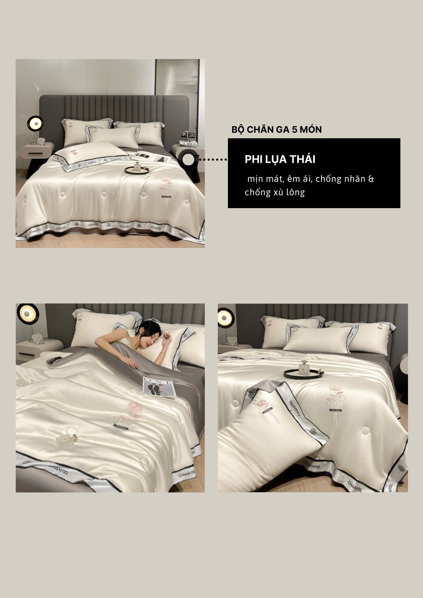Mô tả Bộ drap giường He thong NEM cao cấp Set bộ vỏ chăn ga ra gối nệm đệm 5 món lụa thái trải phủ giường mùa hè mát lạnh - 3