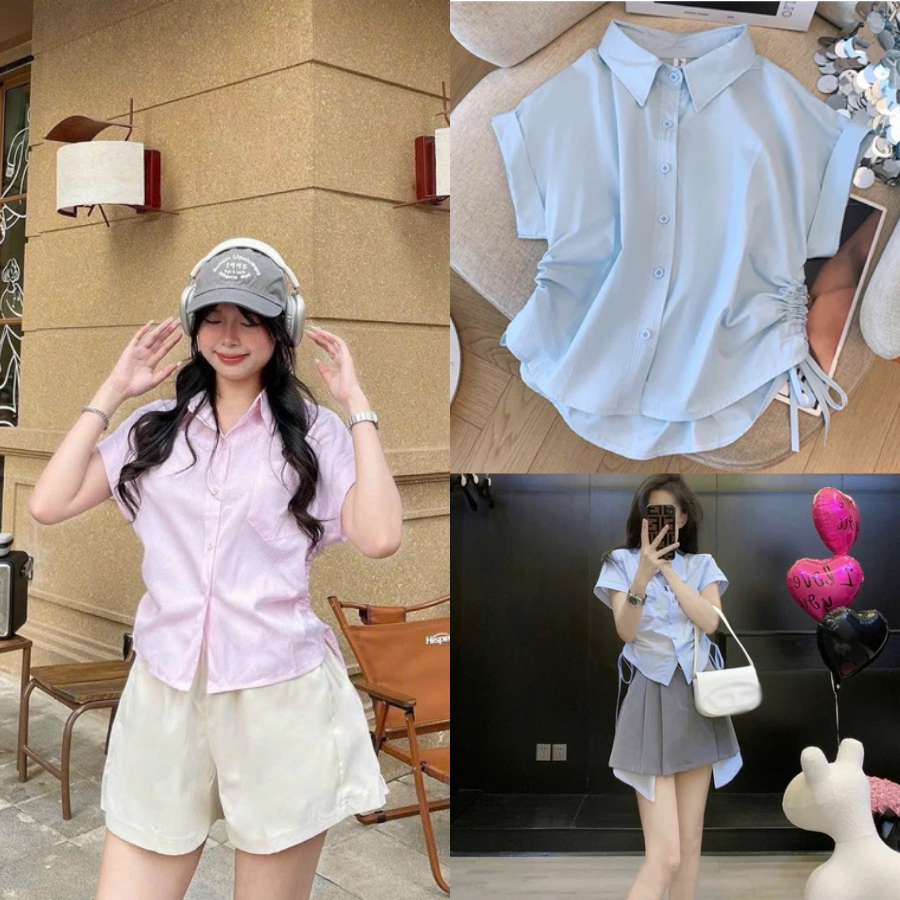 Áo sơ mi rút dây ba màu trắng hồng xanh mint ngắn tay mùa hè năng động ...