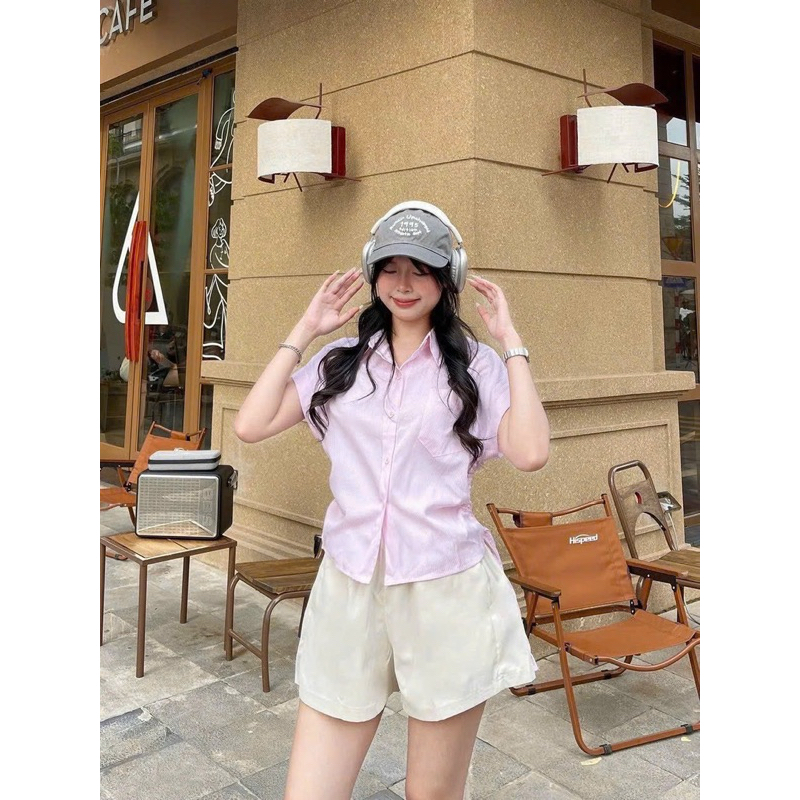 Áo sơ mi rút dây ba màu trắng hồng xanh mint ngắn tay mùa hè năng động ...