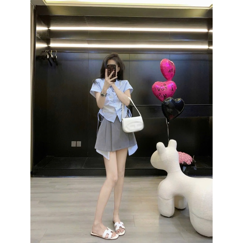 Áo sơ mi rút dây ba màu trắng hồng xanh mint ngắn tay mùa hè năng động ...
