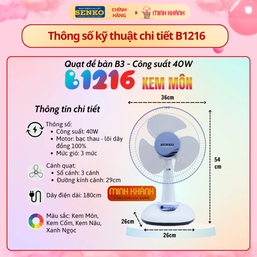 Quạt bàn Senko mini B1210/b1216 - 40w, 3 mức độ gió, gió đầy, êm, nhỏ ...