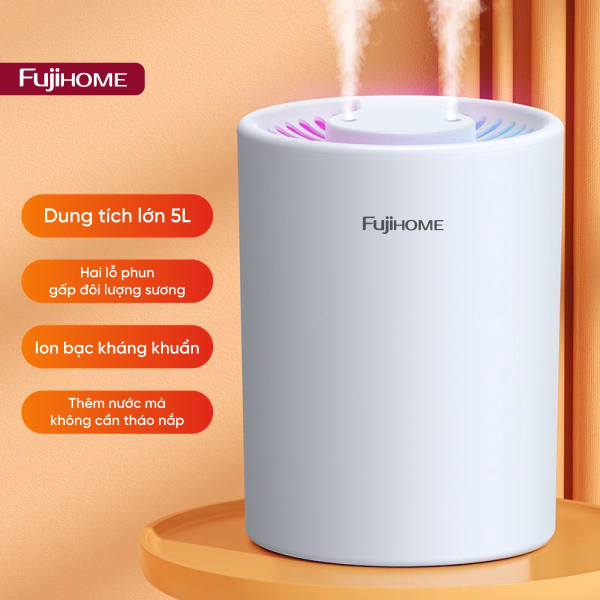 Mô tả Máy phun sương, tạo ẩm FUJIHOME HM05A  dung tích lớn 2 vòi phun , tích hợp đèn Led 7 màu - Bảo hành 12 tháng - 3