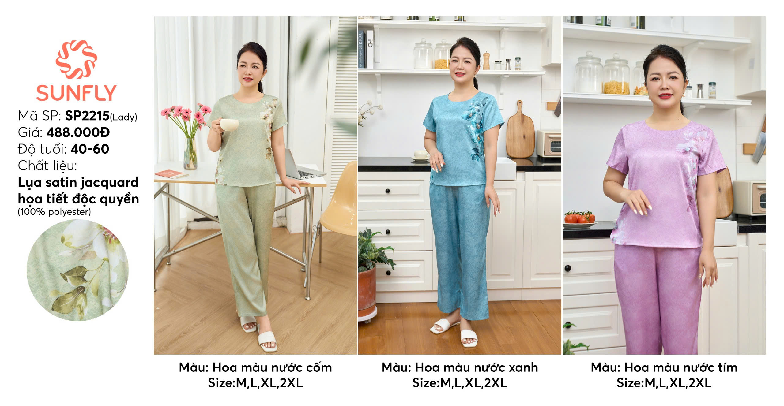 Mô tả Đồ bộ mặc nhà nữ lụa satin jacquard SUNFLY áo cộc quần dài SP2215, bộ lụa trung niên mềm mịn - 3