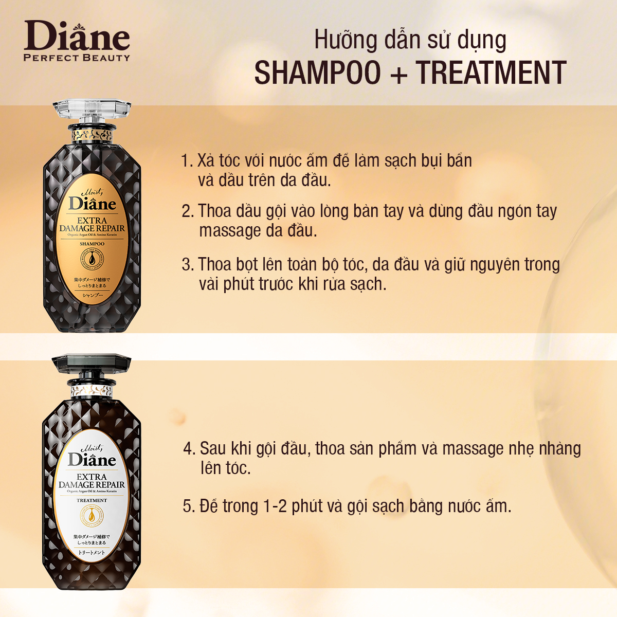Mô tả Combo dầu gội xả phục hồi tóc khô xơ chẻ ngọn gãy rụng hư tổn nặng Moist Diane Extra Damage Repair - 8