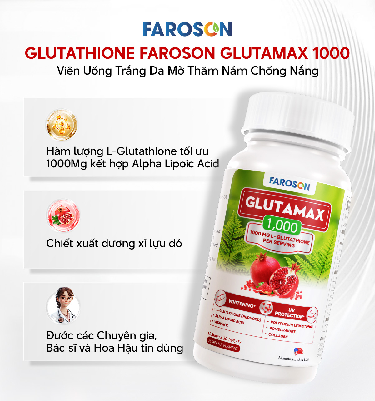 Mô tả TPBVSK Viên Uống Trắng Da Chứa Glutathione Faroson Glutamax 1000 Hỗ Trợ Sáng Da Mờ Thâm Nám Chống Nắng Hộp 30 Viên - 1