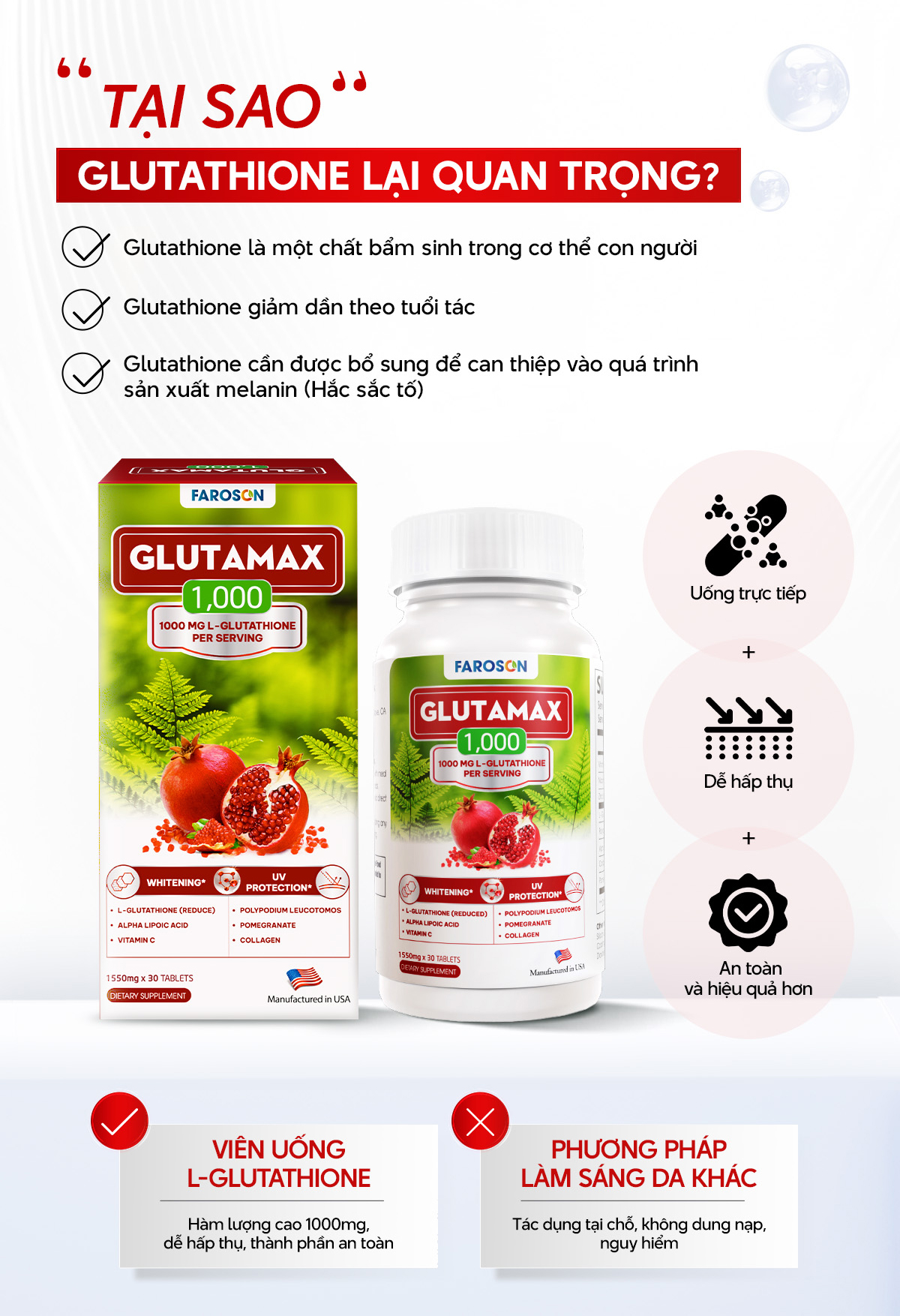 Mô tả TPBVSK Viên Uống Trắng Da Chứa Glutathione Faroson Glutamax 1000 Hỗ Trợ Sáng Da Mờ Thâm Nám Chống Nắng Hộp 30 Viên - 5