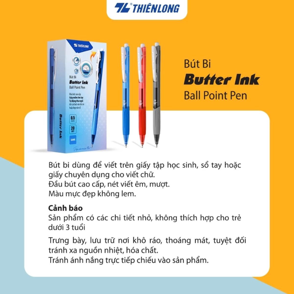 Mô tả Bút bi Thiên Long TL-095 Butter Ink - Viết bi ngòi 0.5mm - Mực xanh - 1