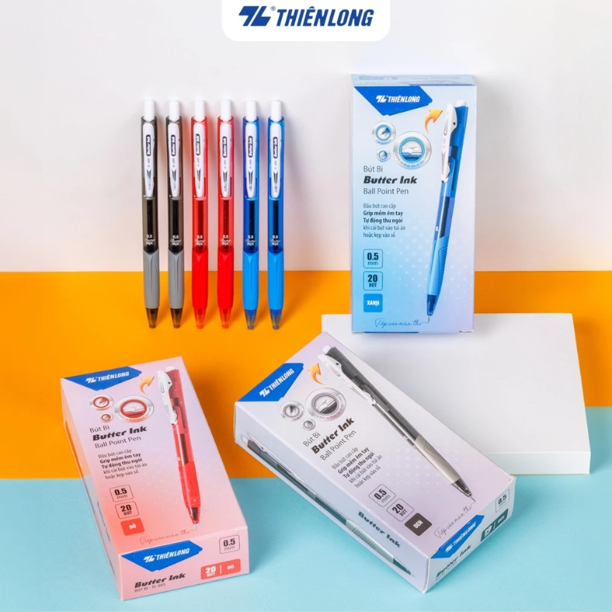 Mô tả Bút bi Thiên Long TL-095 Butter Ink - Viết bi ngòi 0.5mm - Mực xanh - 5