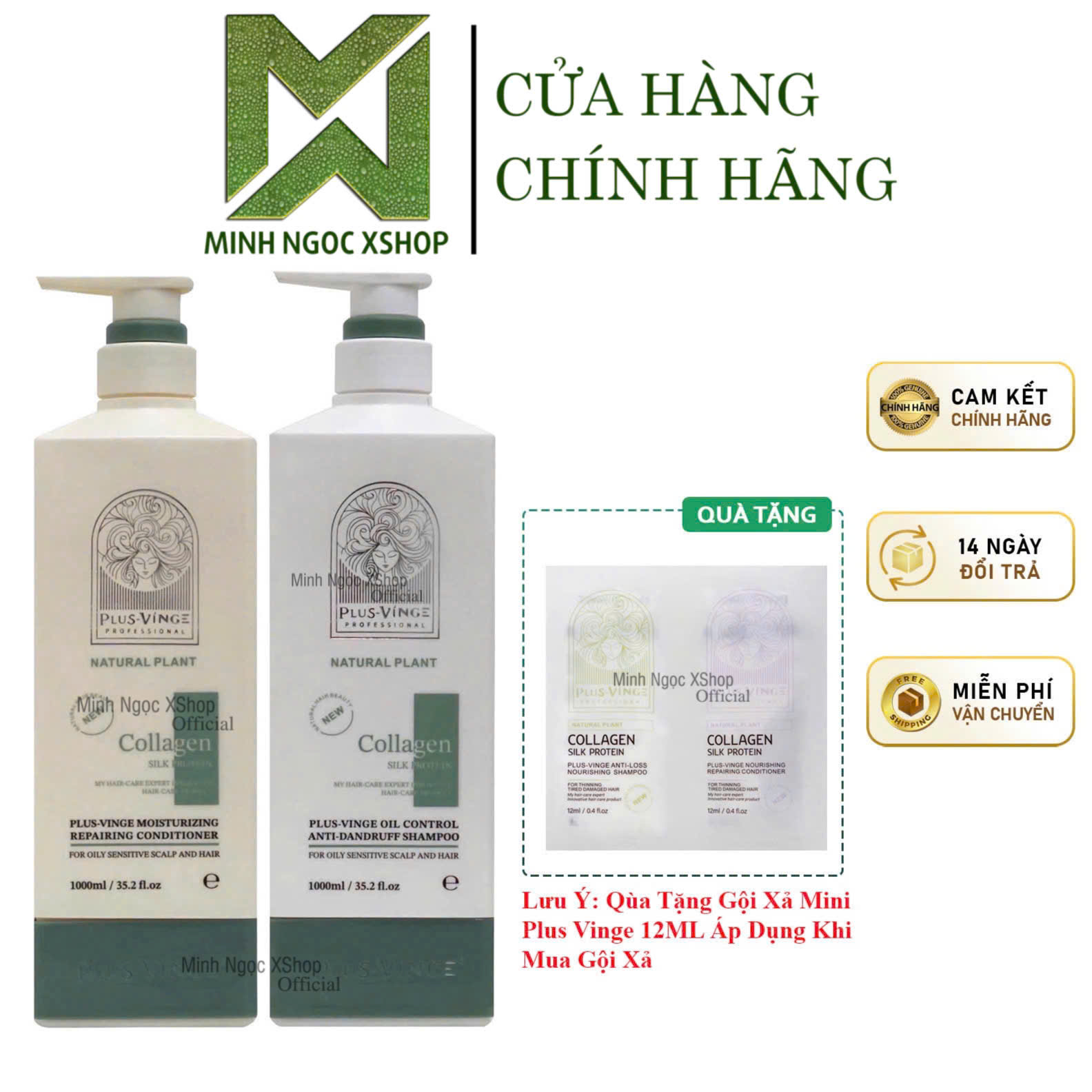 Mô tả Dầu gội xả cho tóc dầu, gàu rụng Plus Vinge Collagen Xanh 1000ML Mẫu Mới 2025 - 1