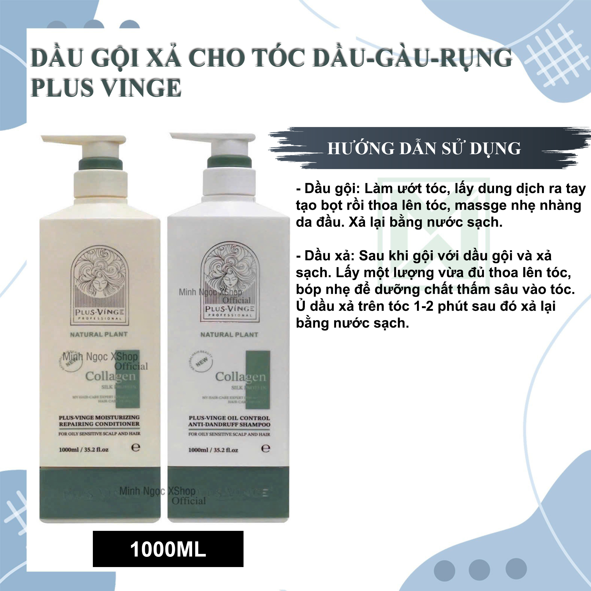 Mô tả Dầu gội xả cho tóc dầu, gàu rụng Plus Vinge Collagen Xanh 1000ML Mẫu Mới 2025 - 4