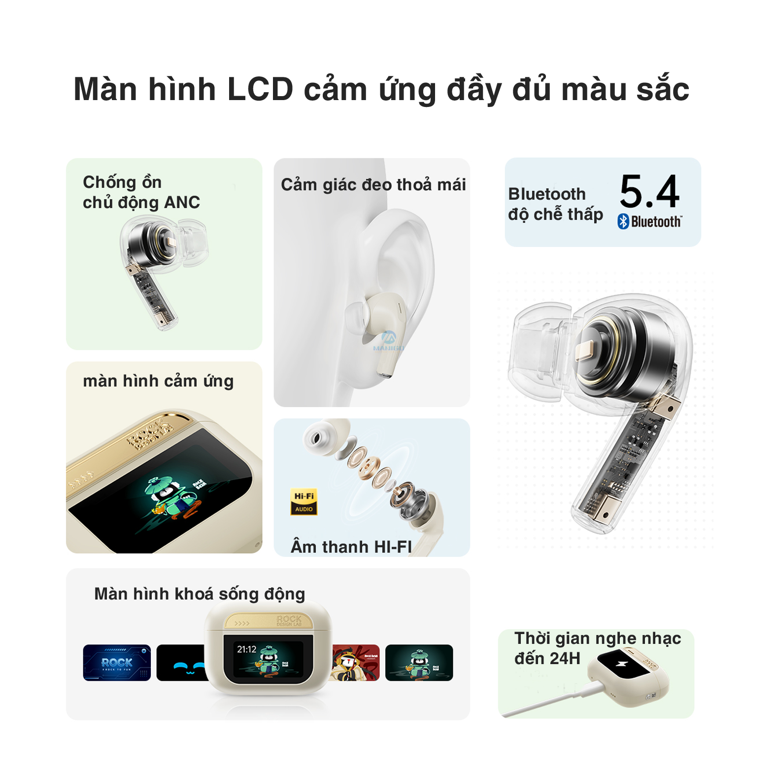 Mô tả Tai nghe bluetooth không dây nhét tai chống ồn chủ động ANC Rockspace A5 pro TWS có mic BH 12 tháng - 1