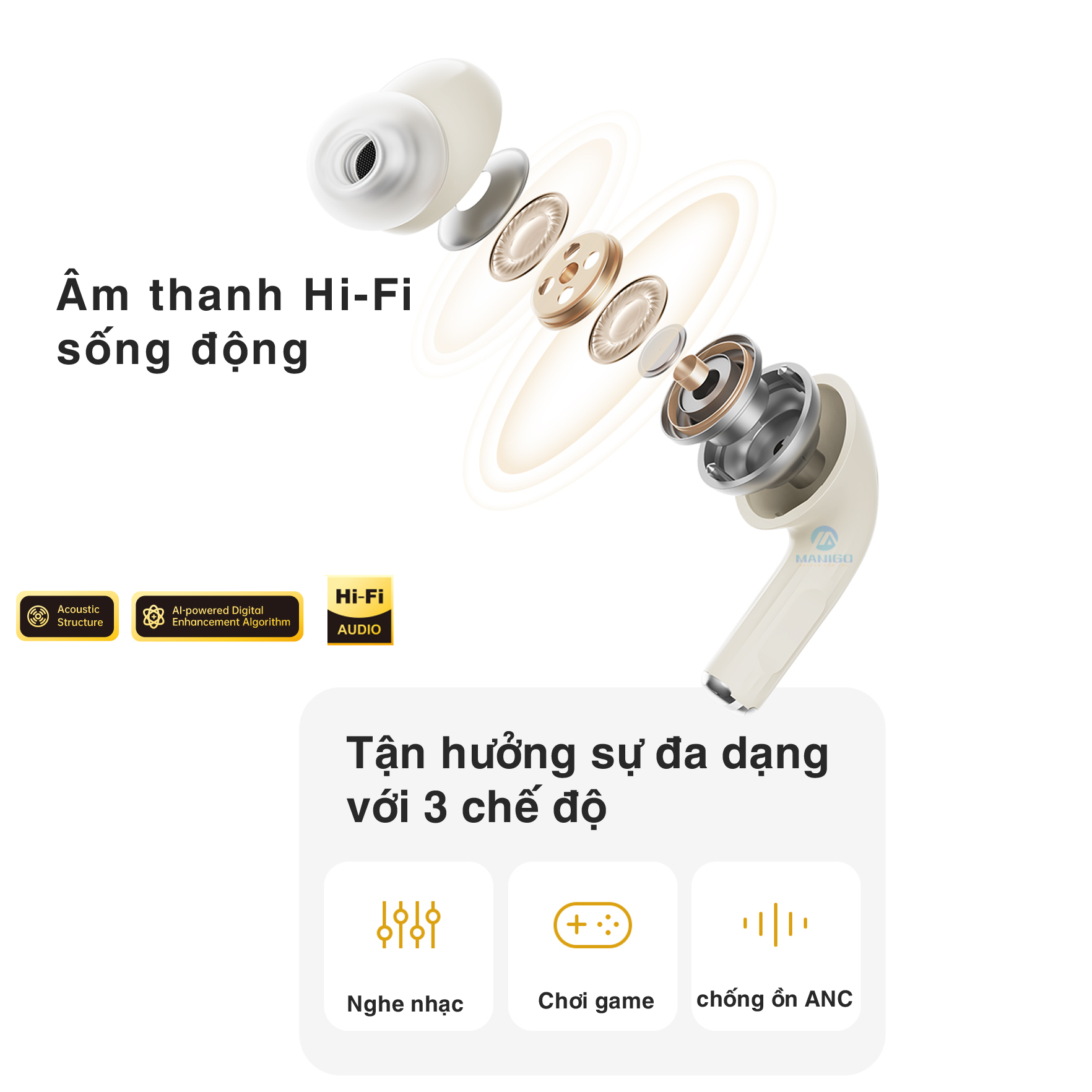 Mô tả Tai nghe bluetooth không dây nhét tai chống ồn chủ động ANC Rockspace A5 pro TWS có mic BH 12 tháng - 3