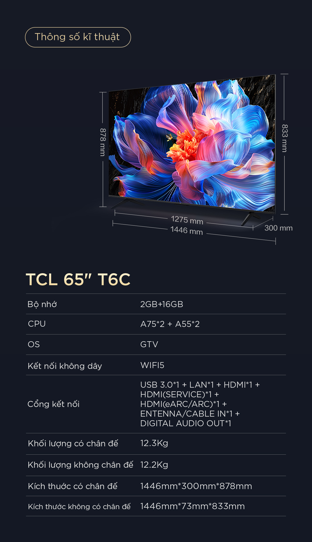 Thiết kế viền siêu mỏng Tivi TCL 65T6C