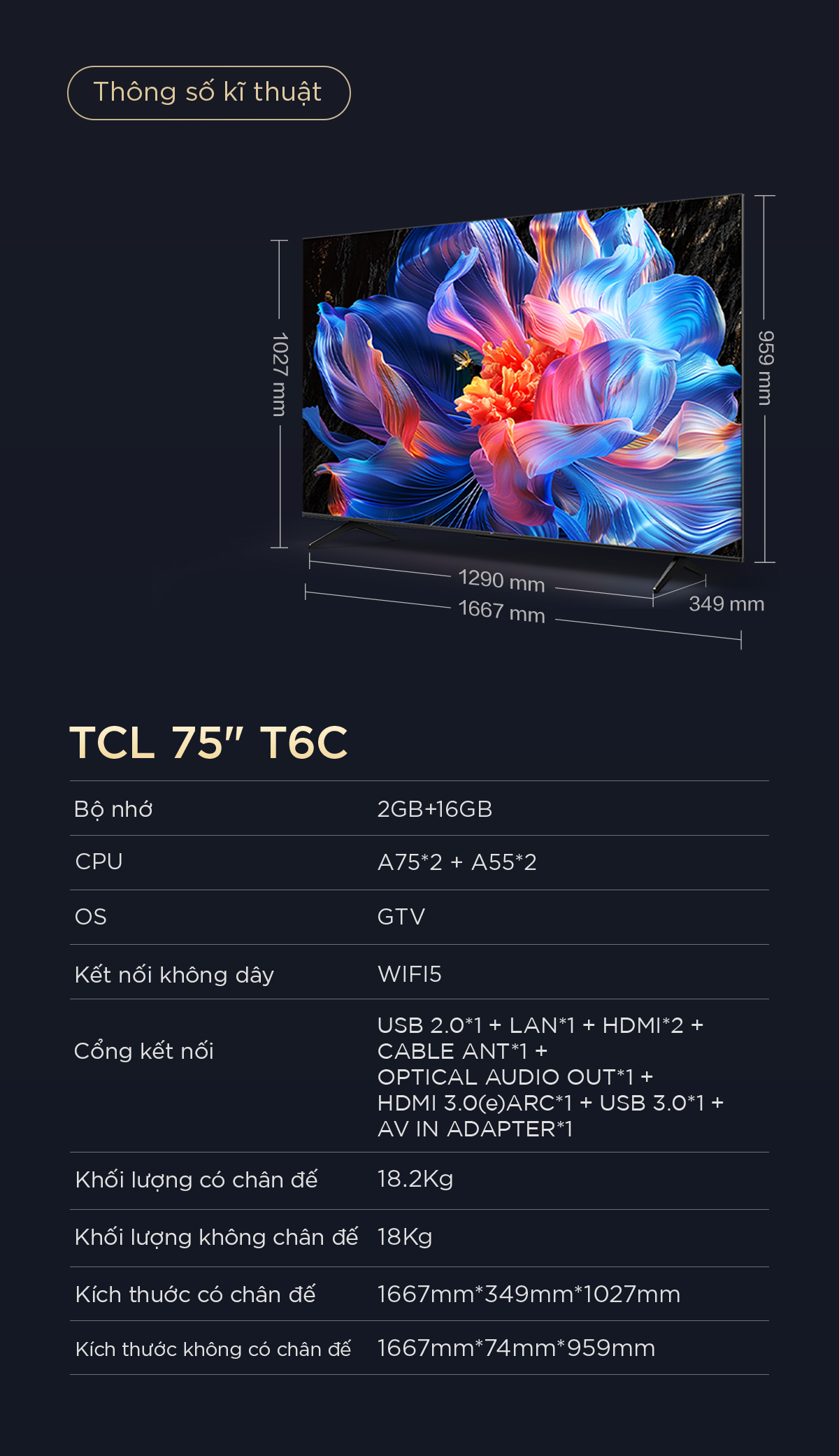 Thiết kế viền kim loại siêu mỏng TCL 75T6C