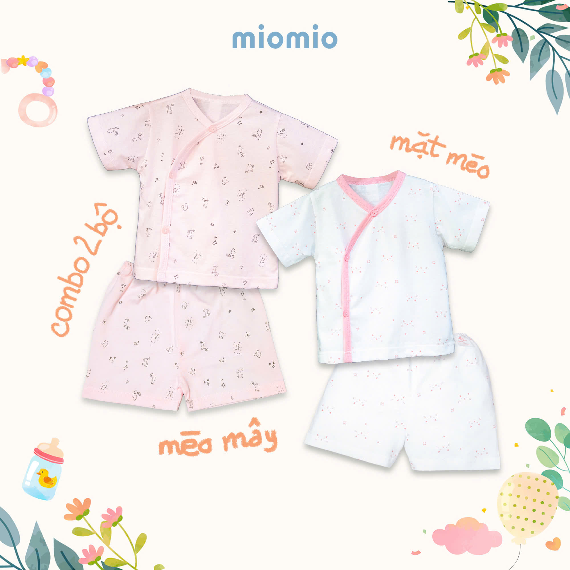 Mô tả Combo 2 Bộ Quần Áo Cộc Cài Lệch Sơ Sinh MIOMIO Cho Bé Trai, Bé Gái (Từ 0 - 24 Tháng), Vải Cotton - 1
