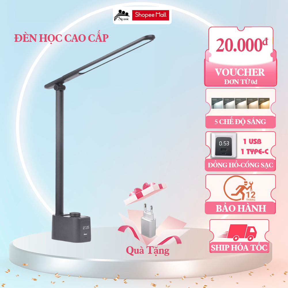 Mô tả Đèn học cao cấp, Sipanic Tx221 kèm đồng hồ và có cổng sạc ra cắm điện 5 chế độ sáng chống cận - 1