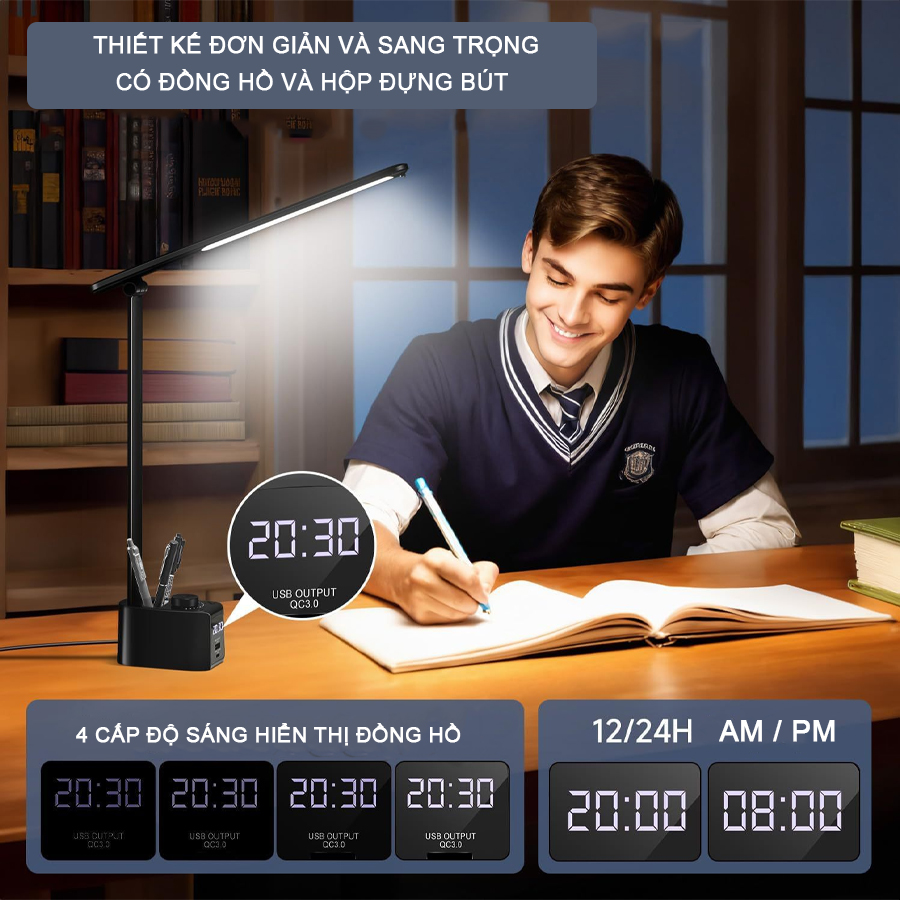 Mô tả Đèn học cao cấp, Sipanic Tx221 kèm đồng hồ và có cổng sạc ra cắm điện 5 chế độ sáng chống cận - 6