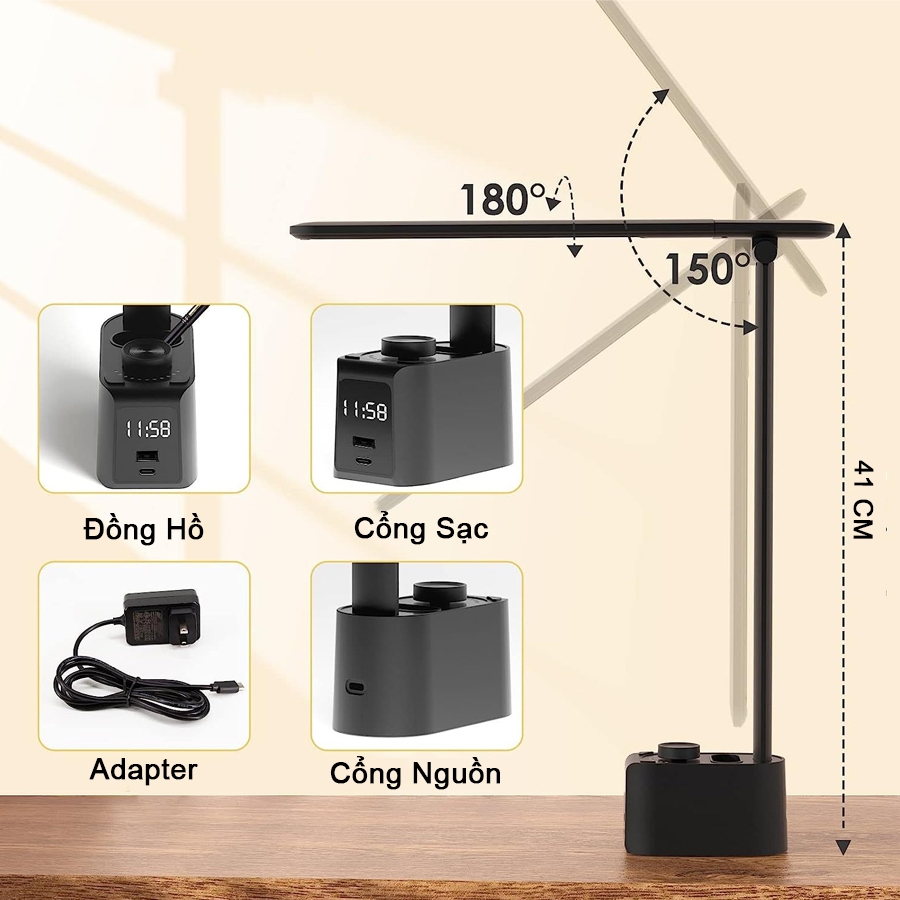 Mô tả Đèn học cao cấp, Sipanic Tx221 kèm đồng hồ và có cổng sạc ra cắm điện 5 chế độ sáng chống cận - 7