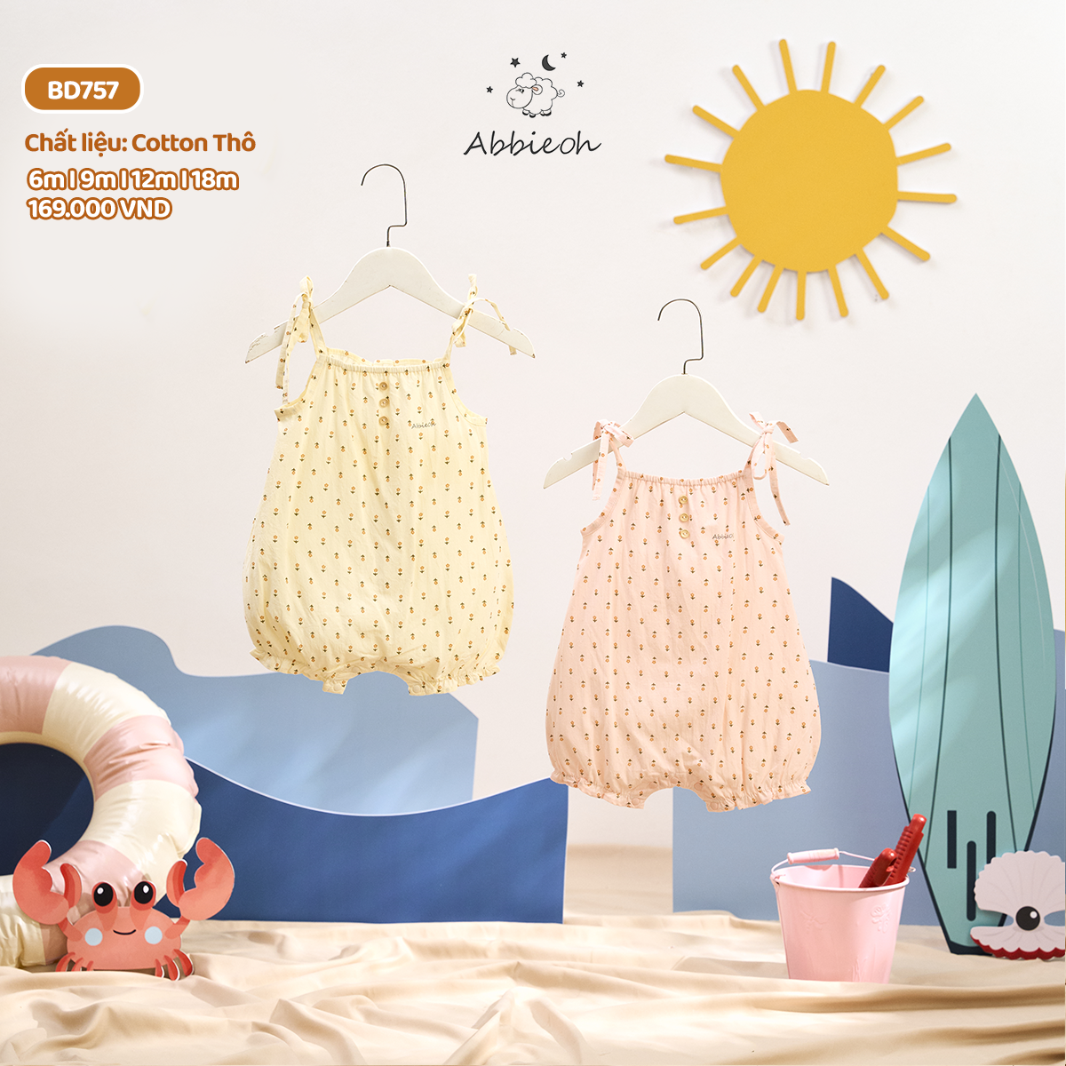 Mô tả Bộ bodysuit hai dây ABBIEOH vai nơ baby đũi lạnh cho bé gái sơ sinh 0-24 Tháng BD423 BD613 BD757 - 1