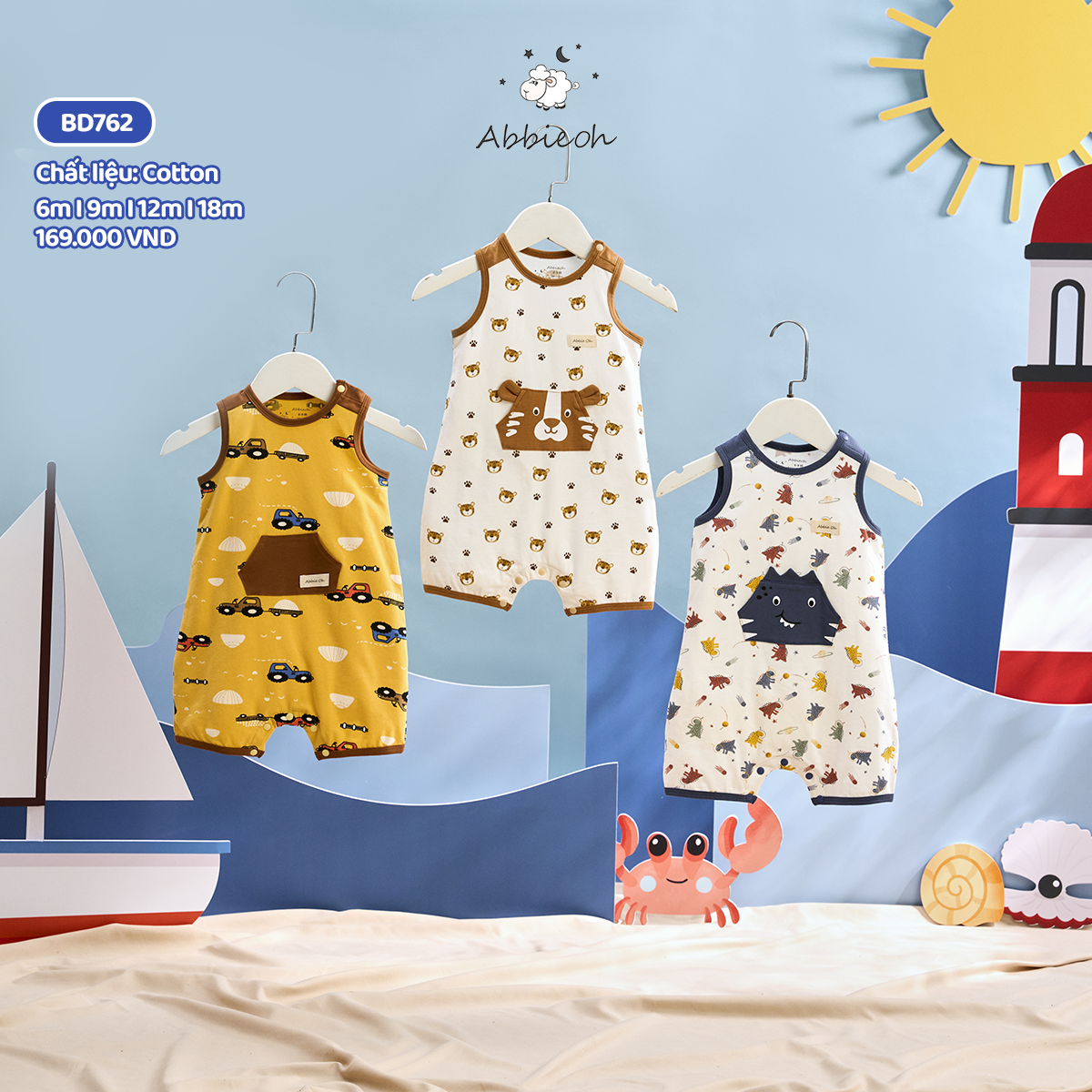 Mô tả Bộ bodysuit sát nách bé trai ABBIEOH in hình con vật cho bé 0-12 tháng BD601 BD762 - 1