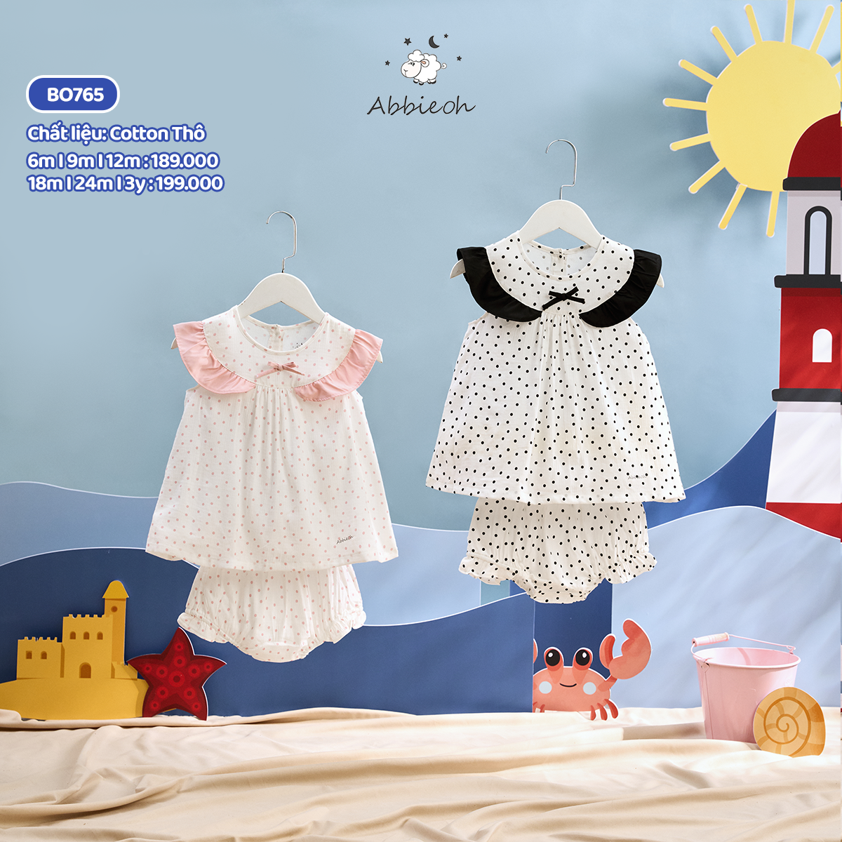 Mô tả Bộ cộc tay cotton sát nách ABBIEOH cách điệu thoáng mái cho bé gái 6-24M BO501 BO523 BO765 - 1