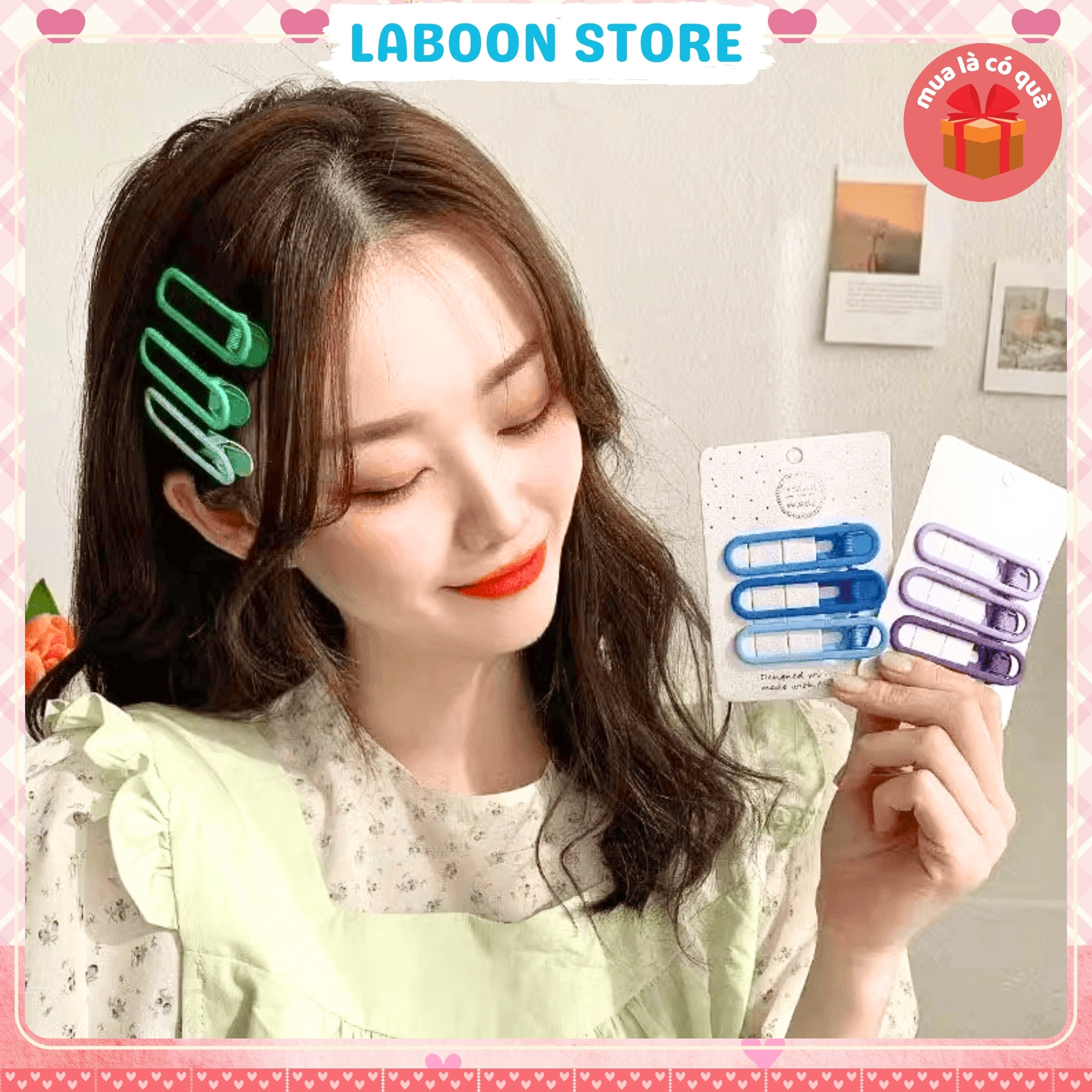 Mô tả Bộ 3 kẹp tóc mái mỏ vịt LABOON accessories chữ nhật nhiều màu phụ kiện kẹp tóc mái basic thời trang - 1