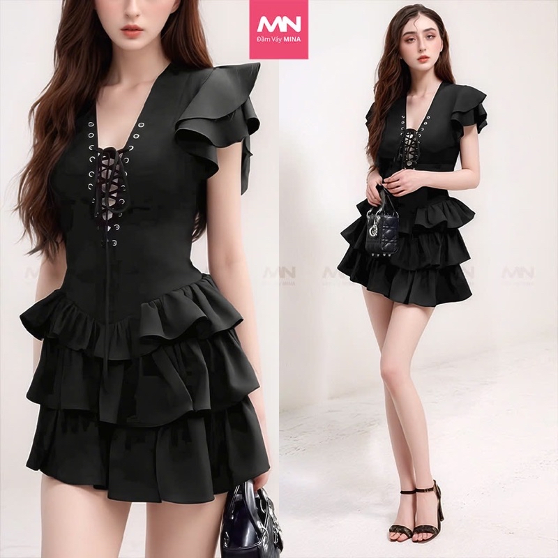 Mô tả Đầm xoè tầng MINA dự tiệc chất Cotton màu đen thiết kế quyến rũ trẻ trung MN307 - 1