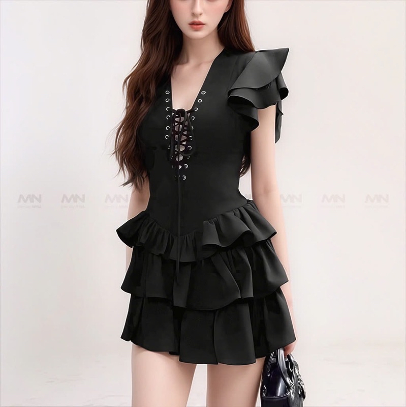 Mô tả Đầm xoè tầng MINA dự tiệc chất Cotton màu đen thiết kế quyến rũ trẻ trung MN307 - 4