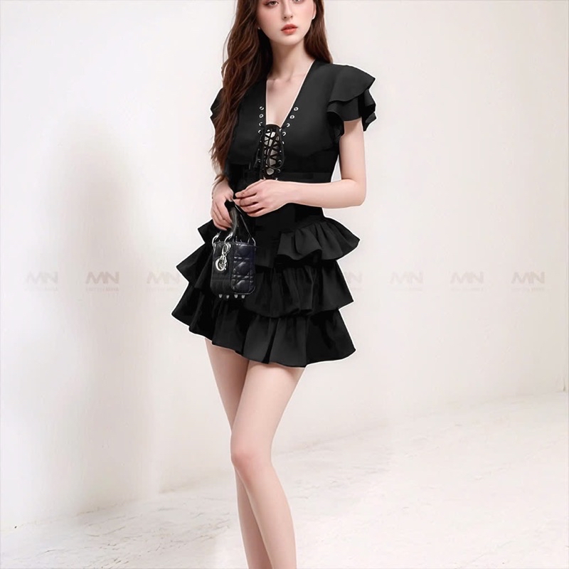 Mô tả Đầm xoè tầng MINA dự tiệc chất Cotton màu đen thiết kế quyến rũ trẻ trung MN307 - 5
