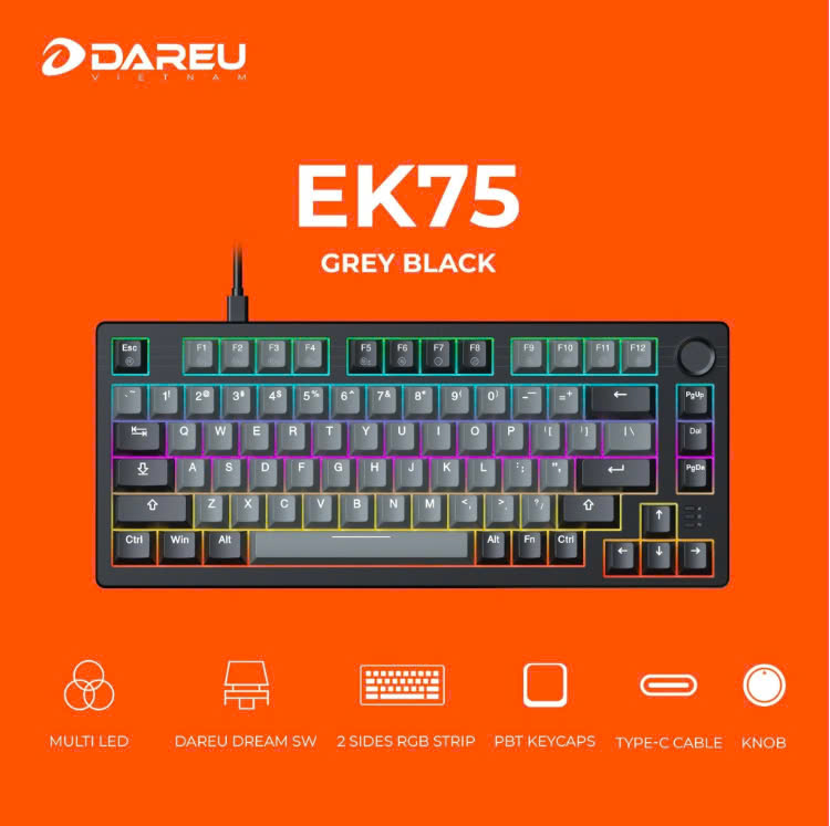 Mô tả Bàn phím cơ Gaming DAREU EK75 Grey Black (Multi-Led, PBT Double Shot OEM profile) - 1