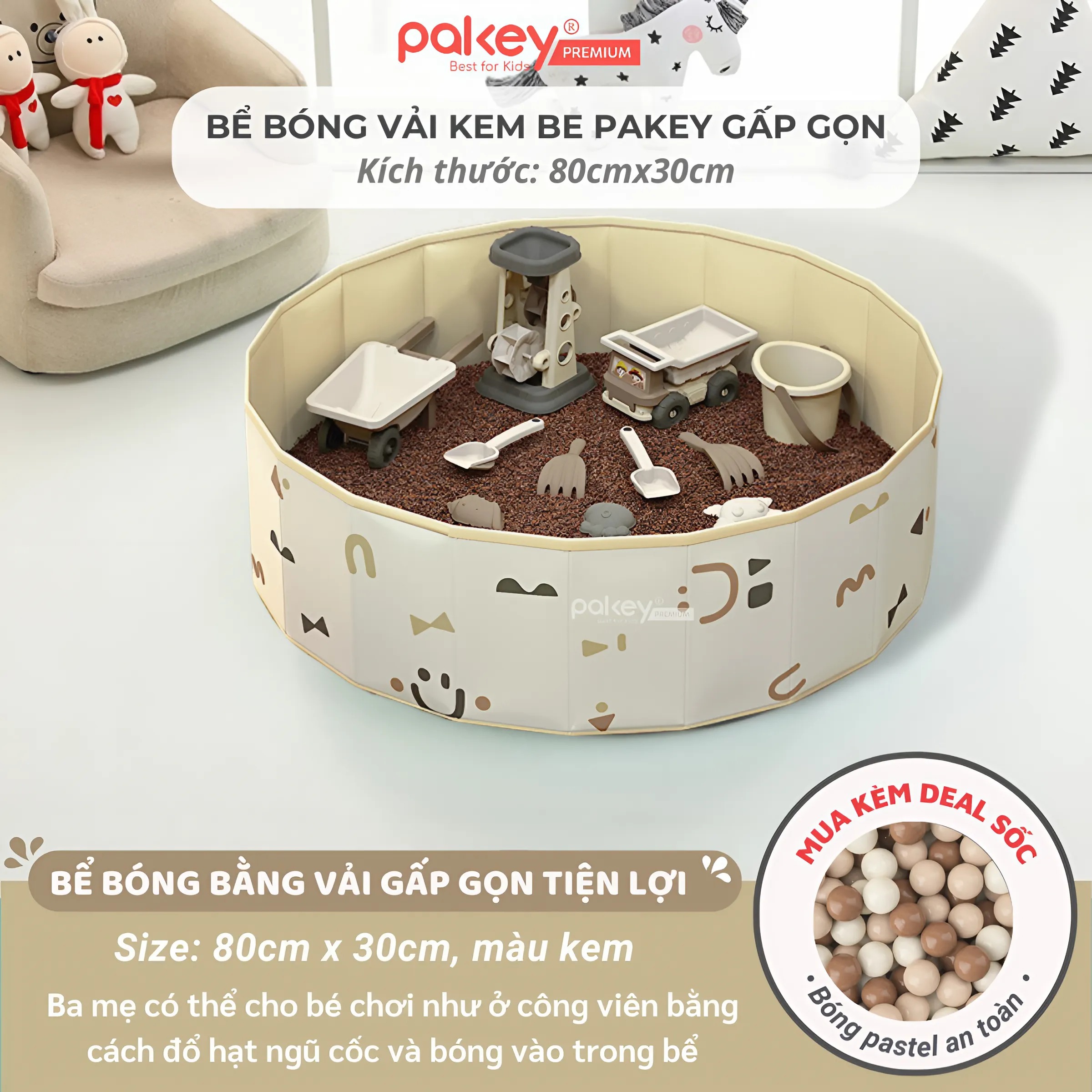 Mô tả Bể Bóng Vải PAKEY Gấp Gọn Tiện Lợi Cho Bé, Bể Chơi Cát, Hạt Muồng Họa Tiết Phong Cách Hàn Quốc Sang Trọng - 2