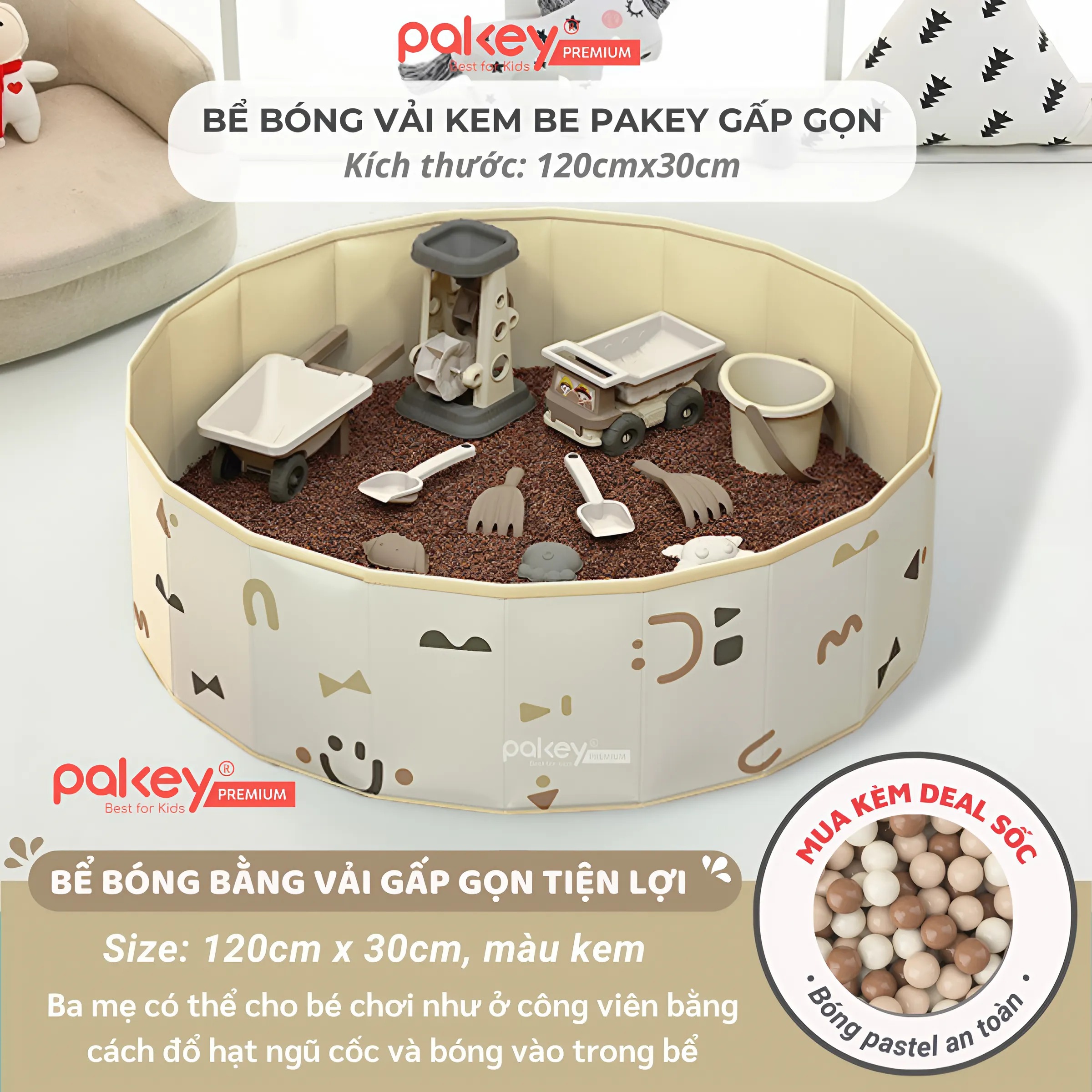 Mô tả Bể Bóng Vải PAKEY Gấp Gọn Tiện Lợi Cho Bé, Bể Chơi Cát, Hạt Muồng Họa Tiết Phong Cách Hàn Quốc Sang Trọng - 4