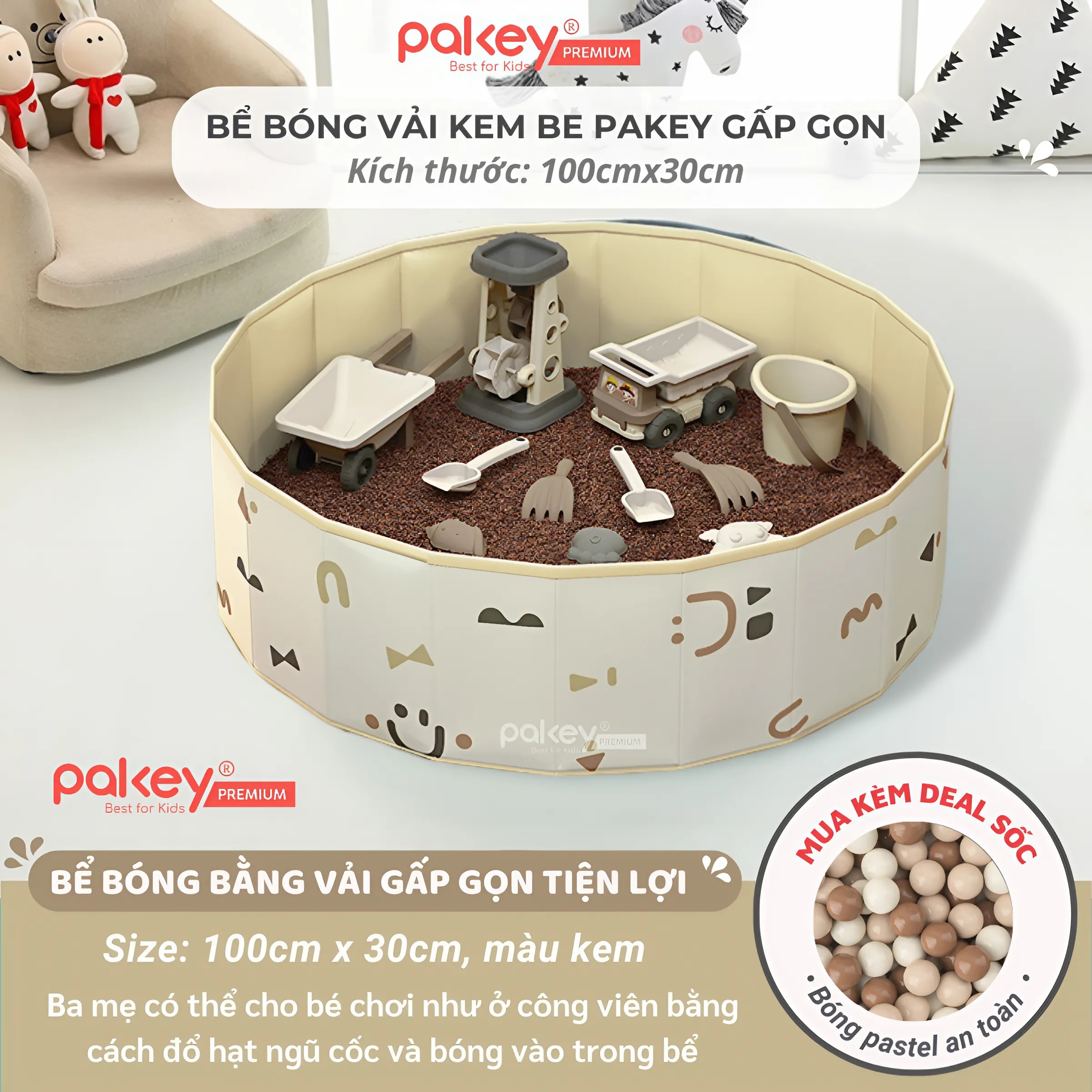Mô tả Bể Bóng Vải PAKEY Gấp Gọn Tiện Lợi Cho Bé, Bể Chơi Cát, Hạt Muồng Họa Tiết Phong Cách Hàn Quốc Sang Trọng - 3