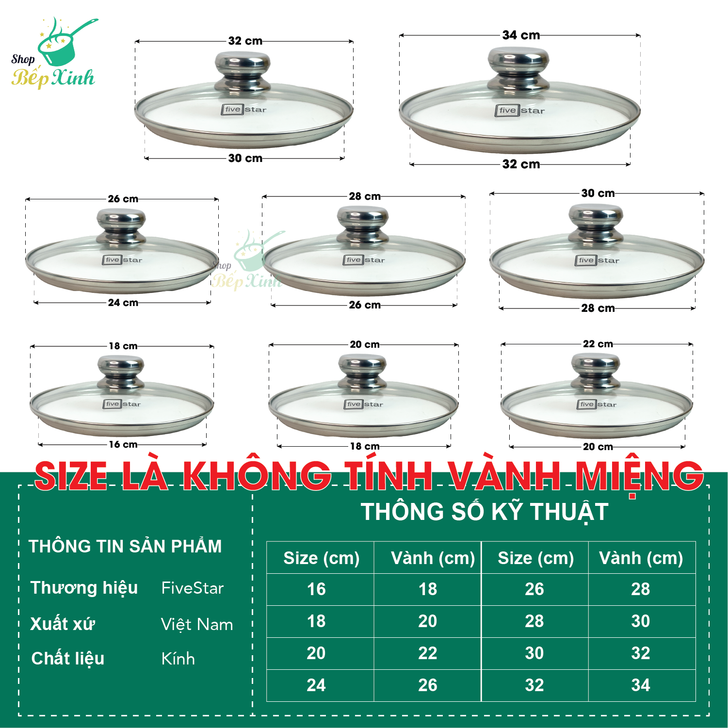 Mô tả Nắp kính cường lực cao cấp FIVESTAR dùng cho nồi và chảo 16cm/18cm/20cm/24cm/26cm/28cm/30cm/32cm - nắp đậy - 1